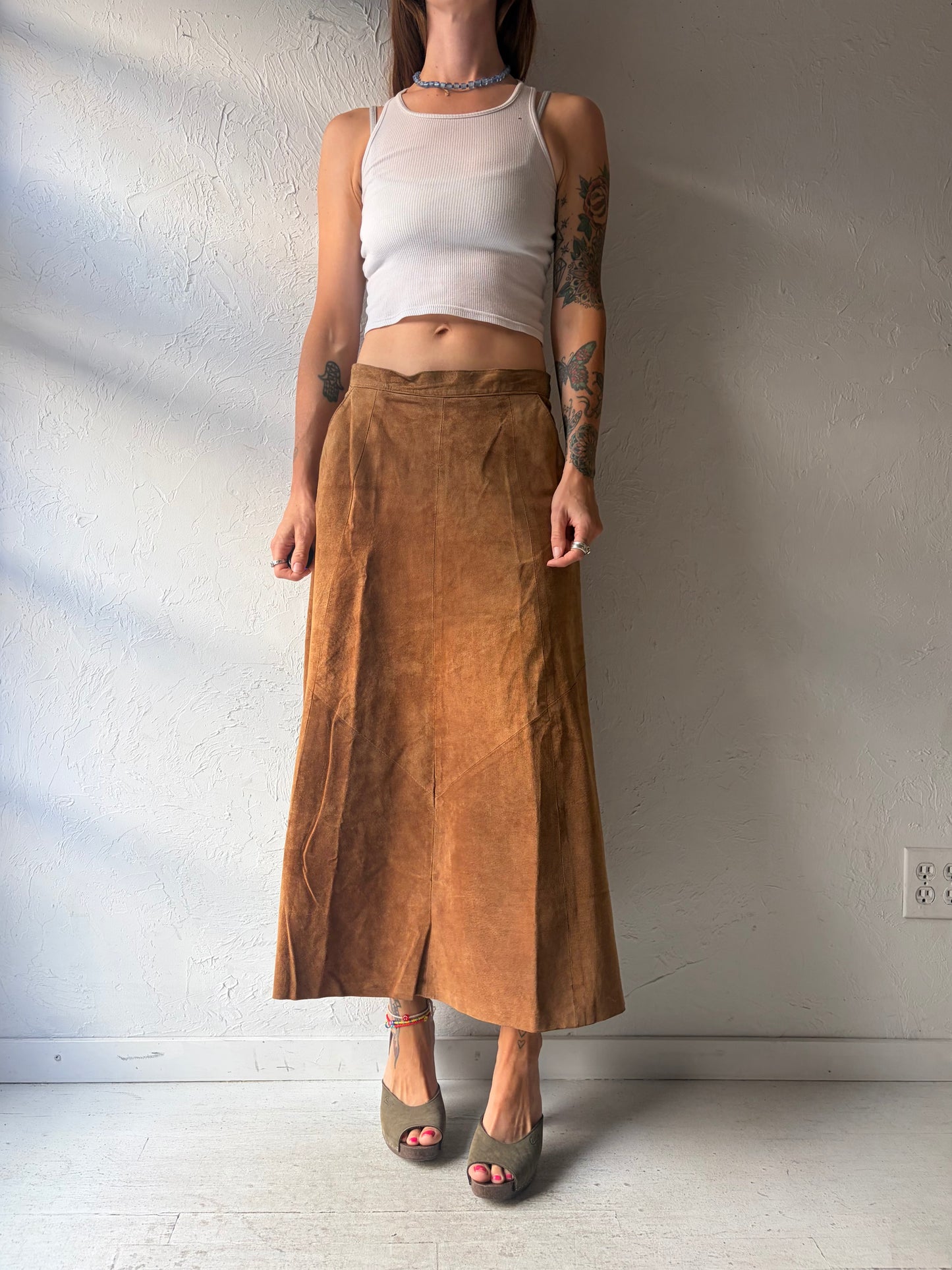 90s 'Casual Connection' Brown Suede Maxi Skirt / Medium