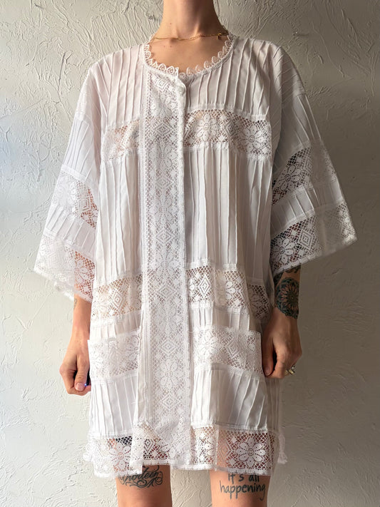 70s White Lace Button Up Blouse / Beach Cover Up / Large
