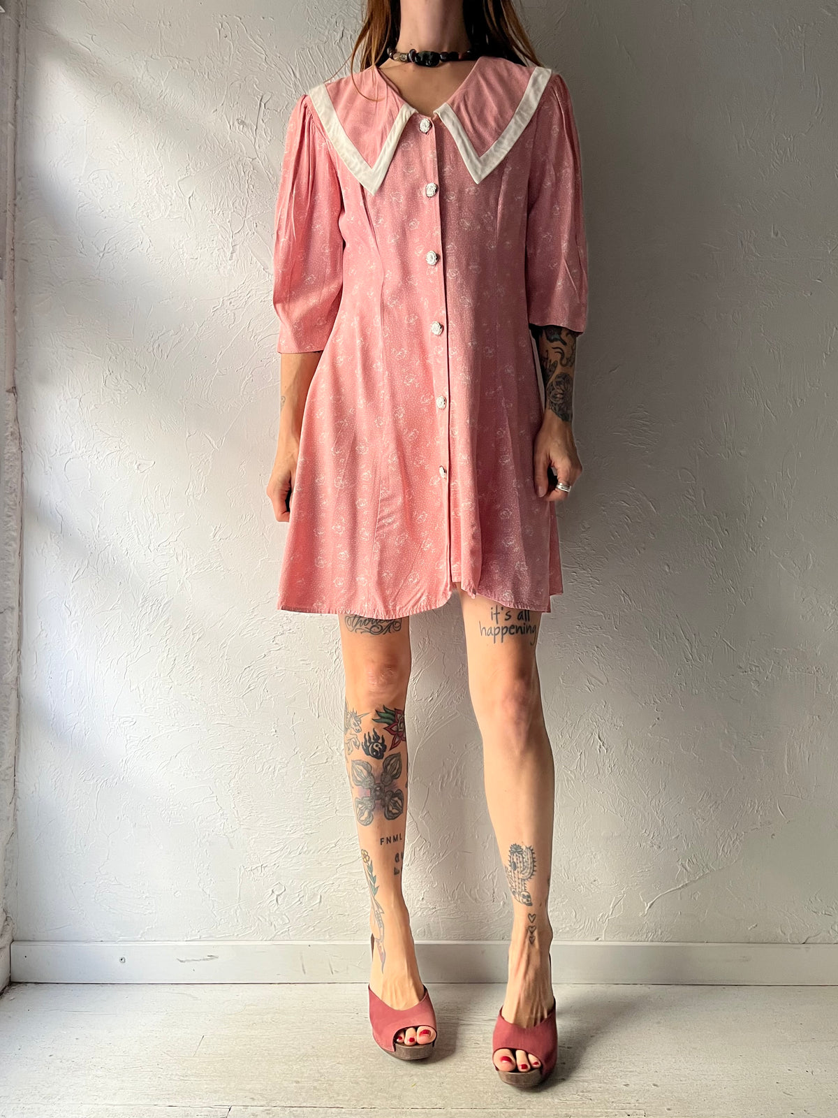 90s 'Paquette' Pink Collared Button Up Retro Dress / Medium
