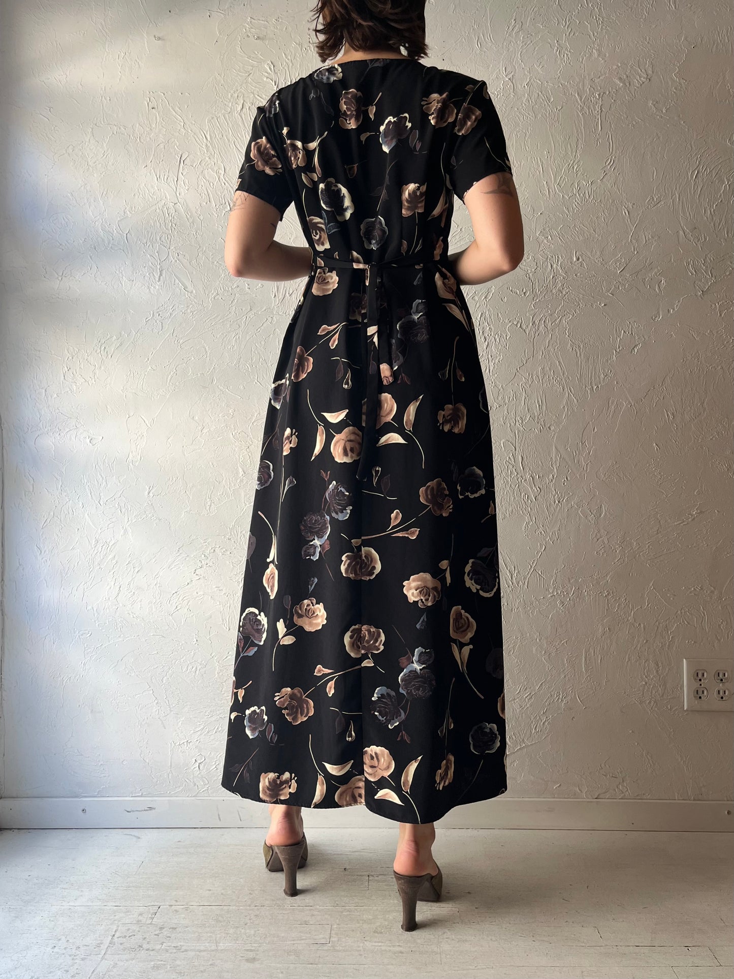 90s 'Savannah' Black Floral Maxi Dress / Large