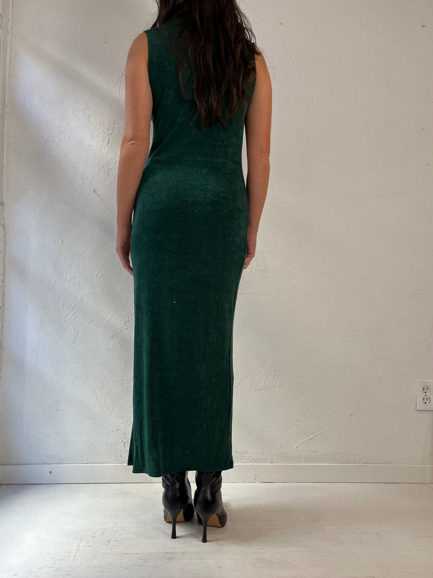90s 'Bee Zone' Green Sparkly Nylon Spandex Maxi Dress / Medium