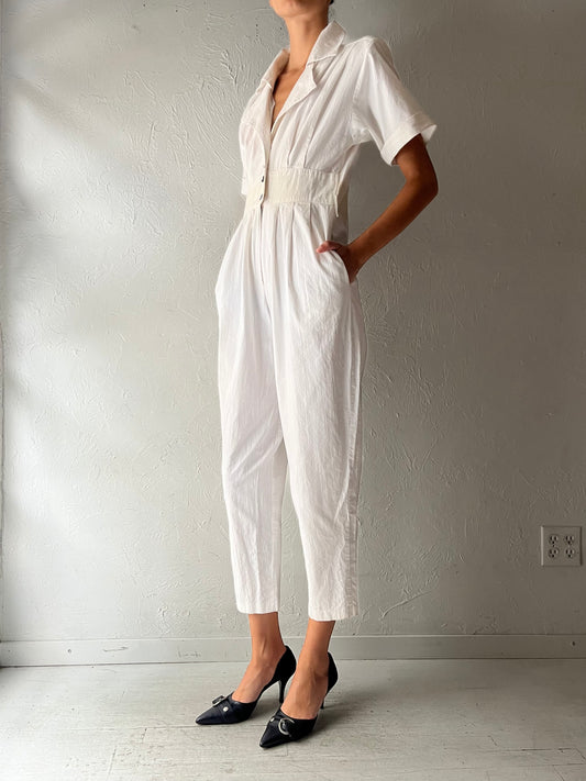 Vintage White Cotton Collared Retro Jumpsuit / Small