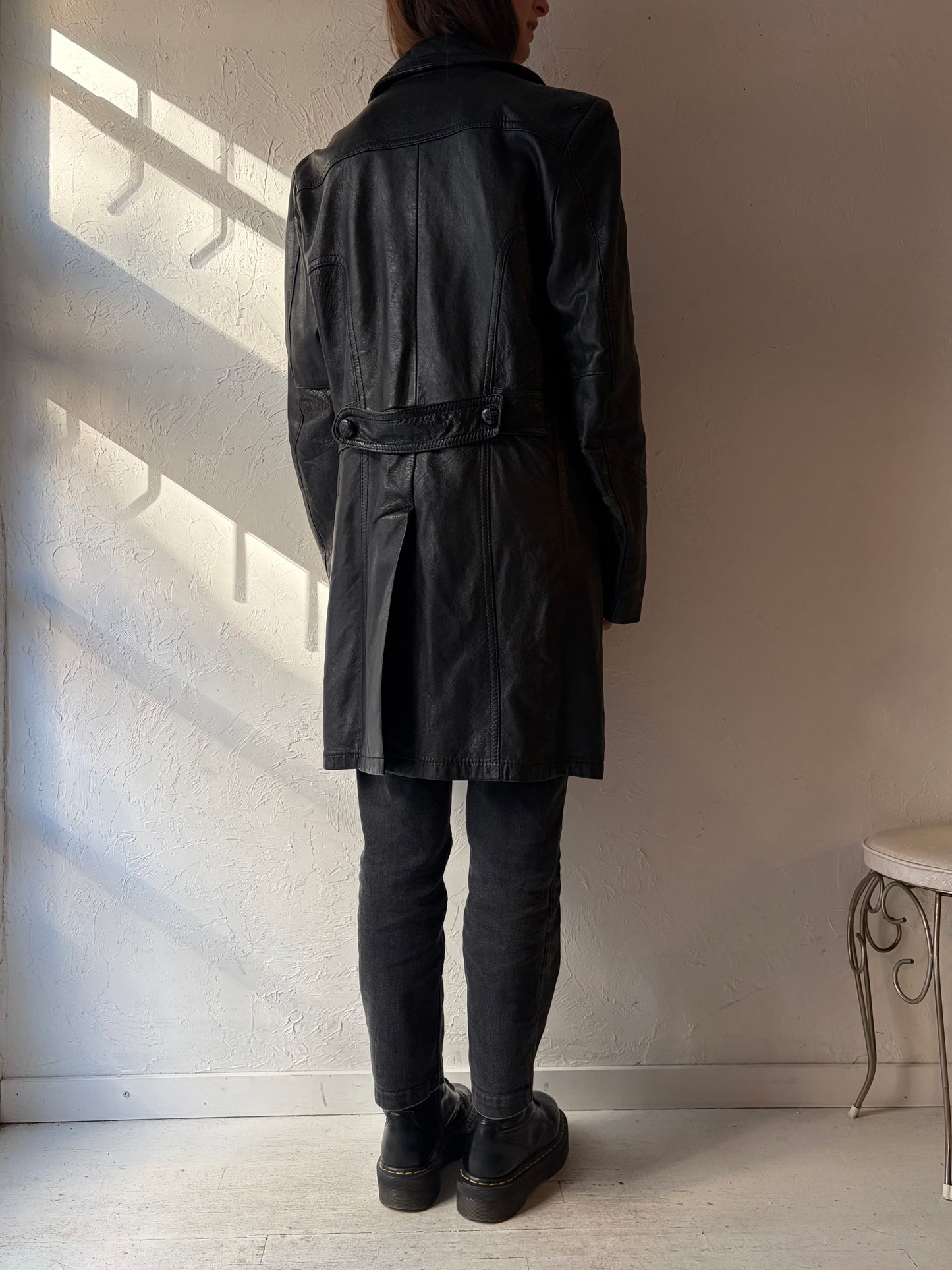 Vintage Black Leather Coat / Large