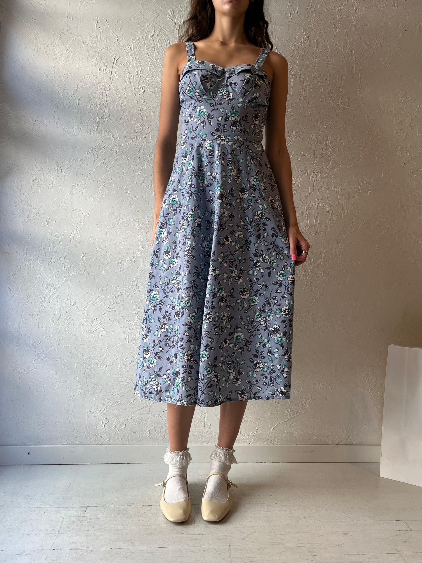 Vintage Handmade Blue Floral Print Midi Dress / Small