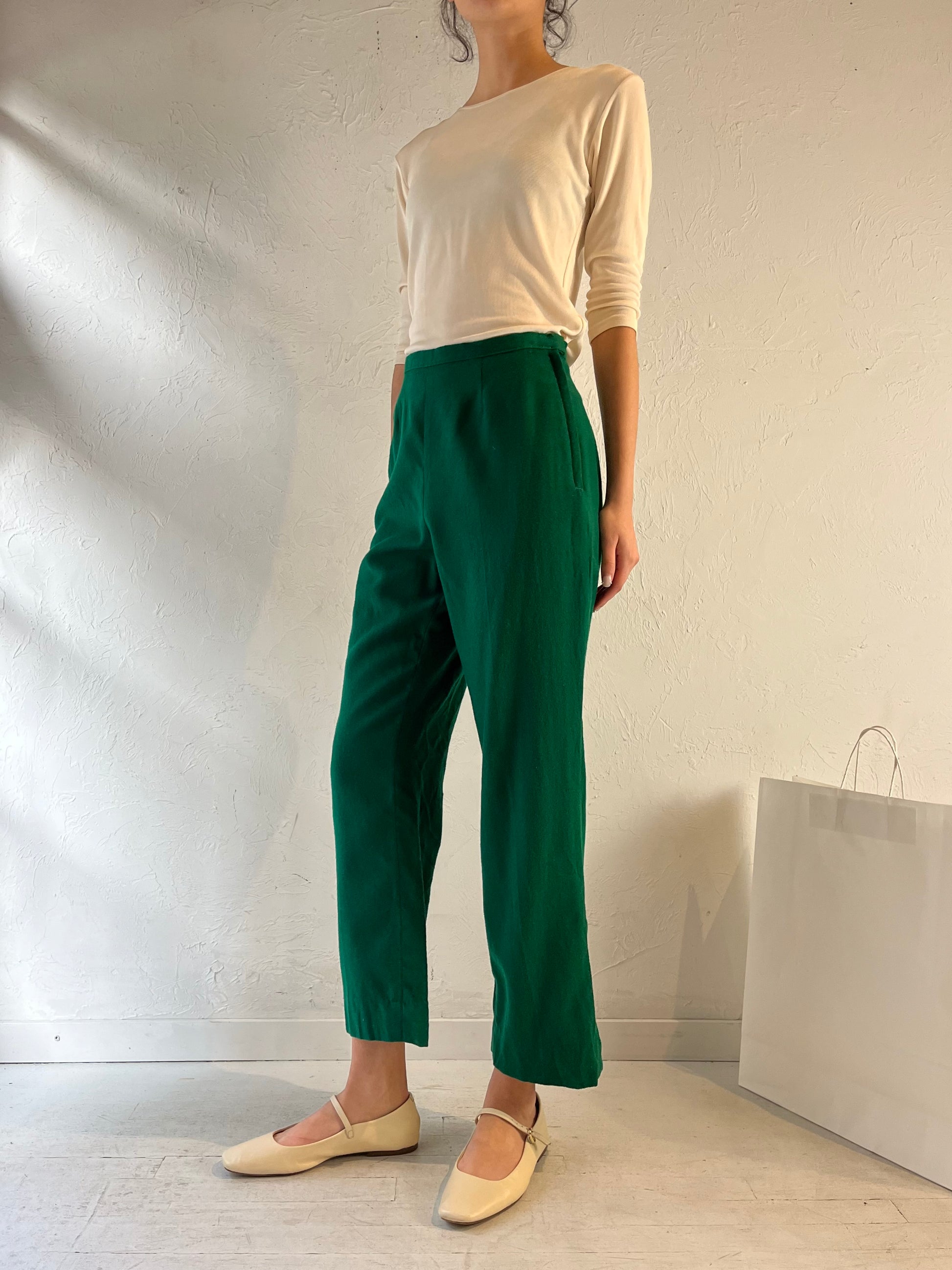 70s Green Wool High Waisted Trousers / Small