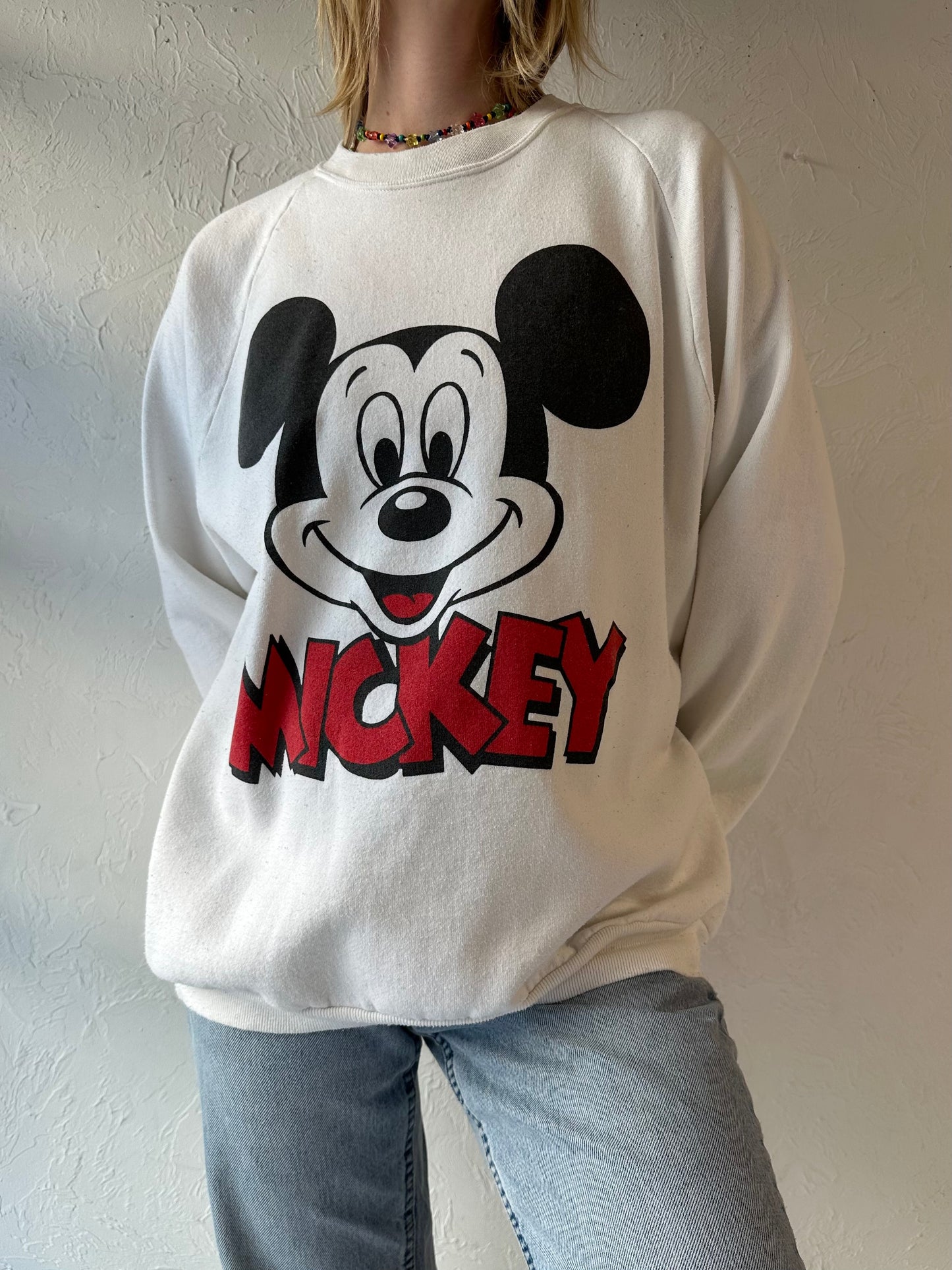 90s 'Disney' Mickey White Crew Neck Sweatshirt / Medium