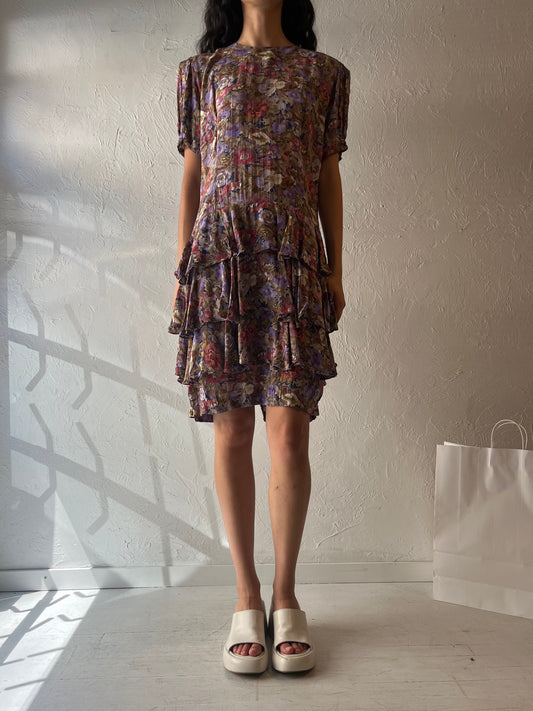 90s 'Michelle Stuart' Purple Floral Drop Waist Dress / Large