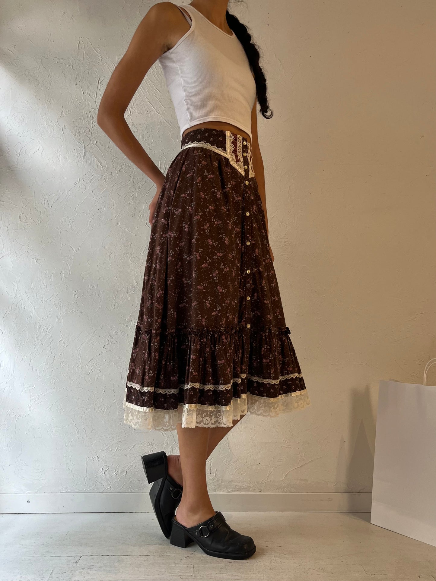 70s 'Gunne Sax' Brown Floral Print Peasant Skirt / Small