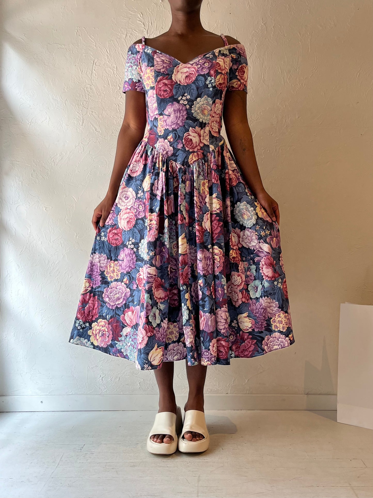 90s 'Robbie Bee' Floral Print Midi Dress / Medium