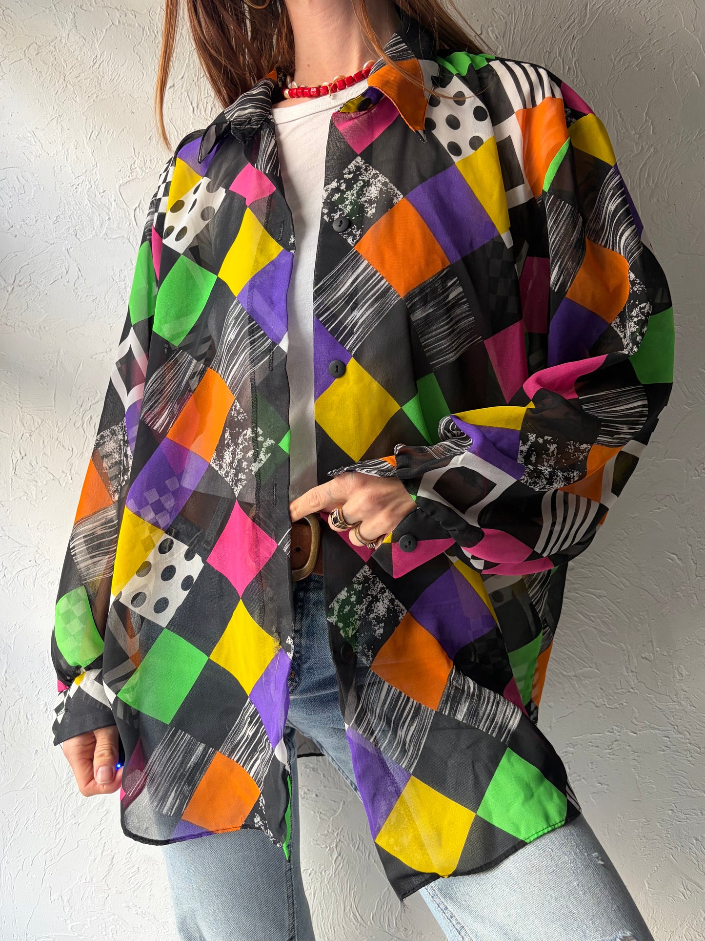 80s '2XS' Retro Patterned Button Up Shirt / Vintage 1980s Abstract Graphic Top / Large