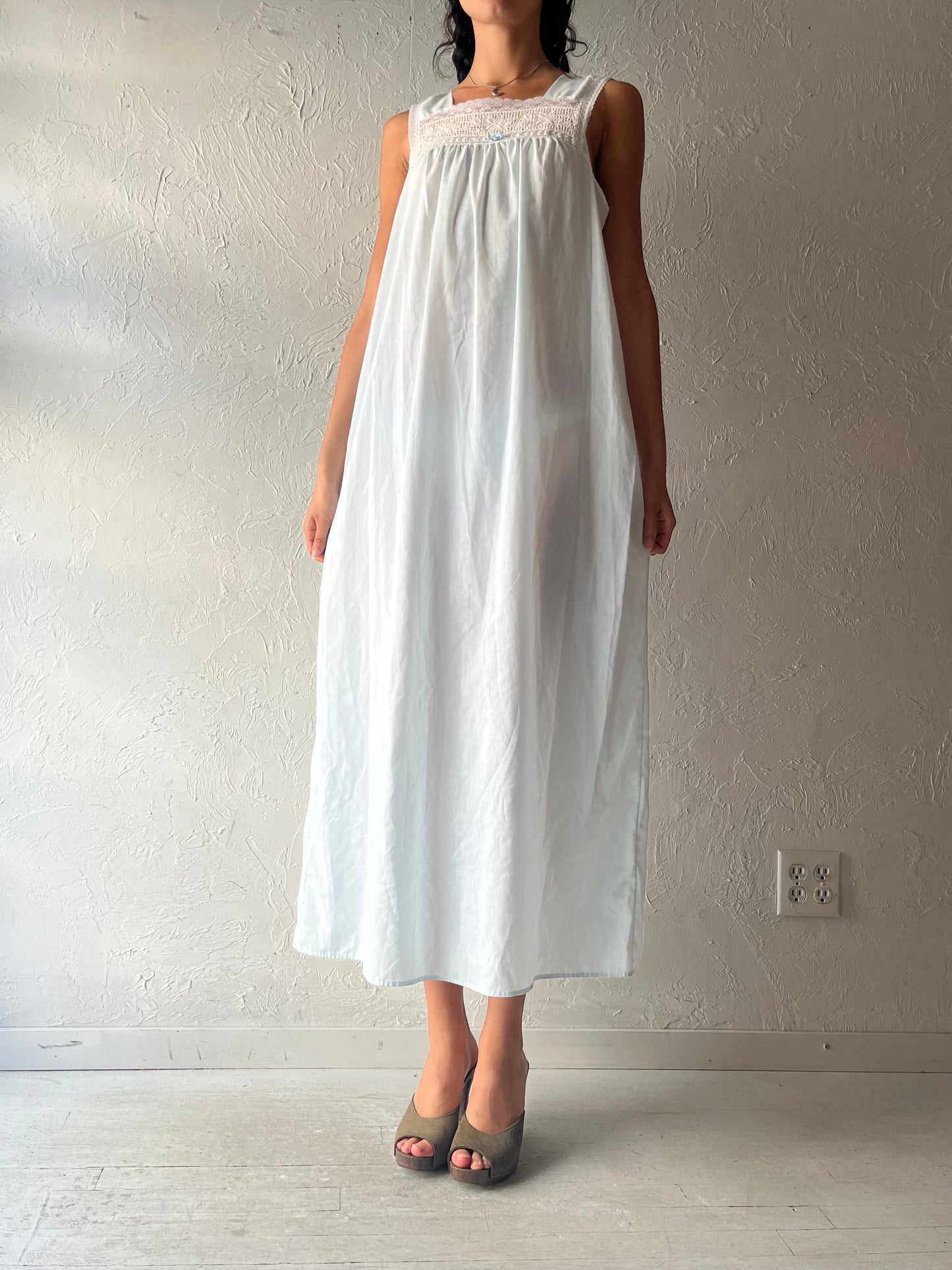 Vintage 'French Maid' Blue Cotton Maxi Dress / Medium