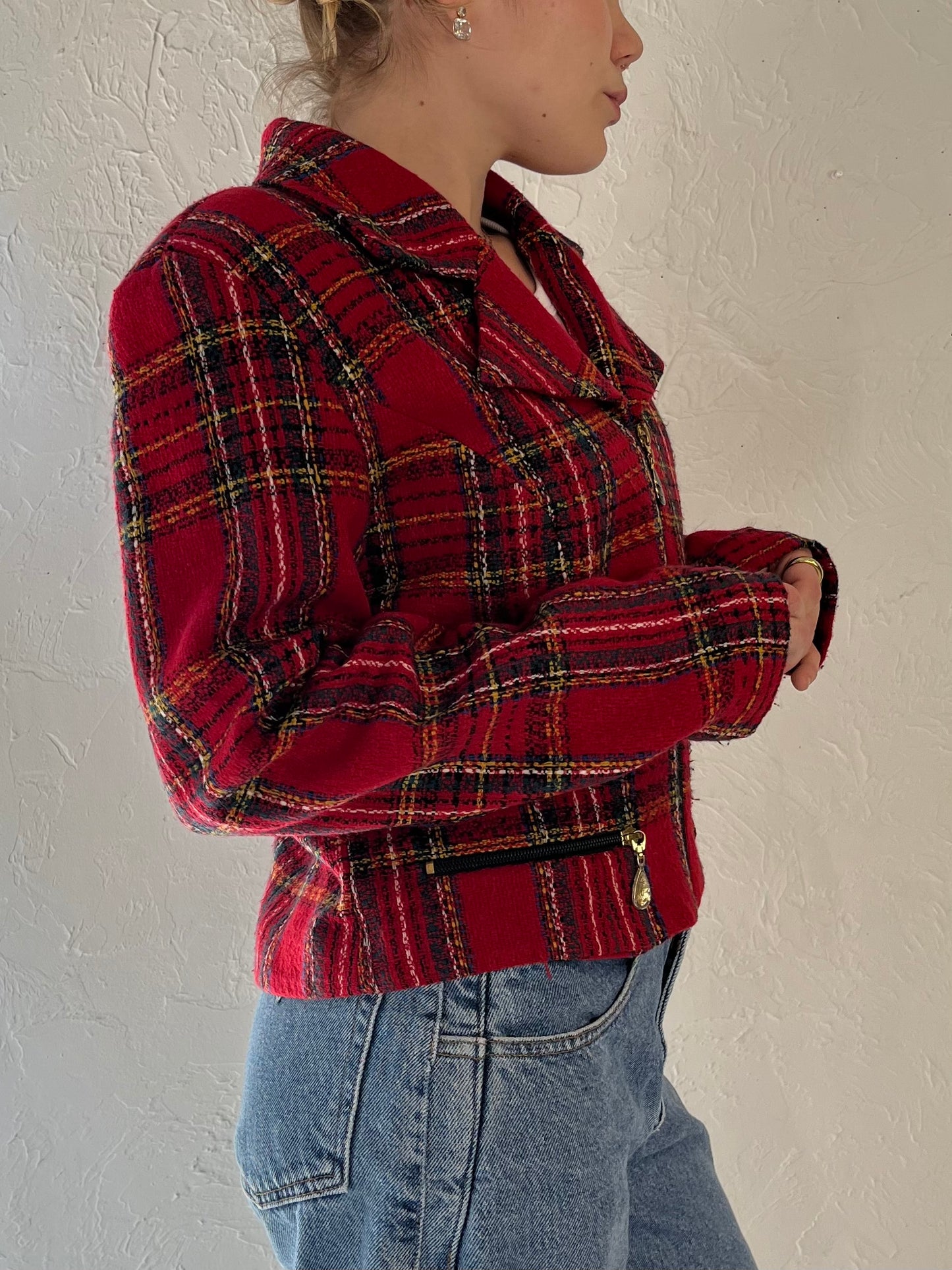 90s 'Lori Ann' Red Plaid Blazer Jacket / Medium