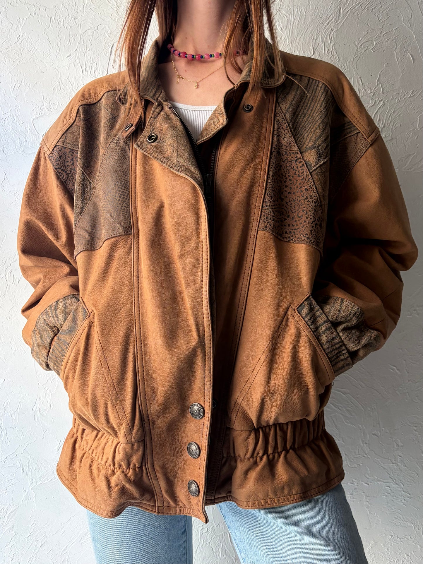 90s 'Paris Sports Club' Tan Suede Leather Retro Bomber Jacket / Medium