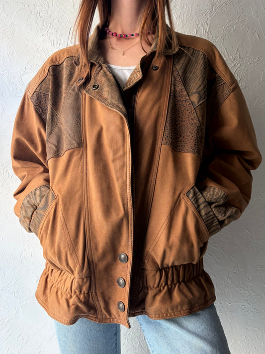90s 'Paris Sports Club' Tan Suede Leather Retro Bomber Jacket / Medium