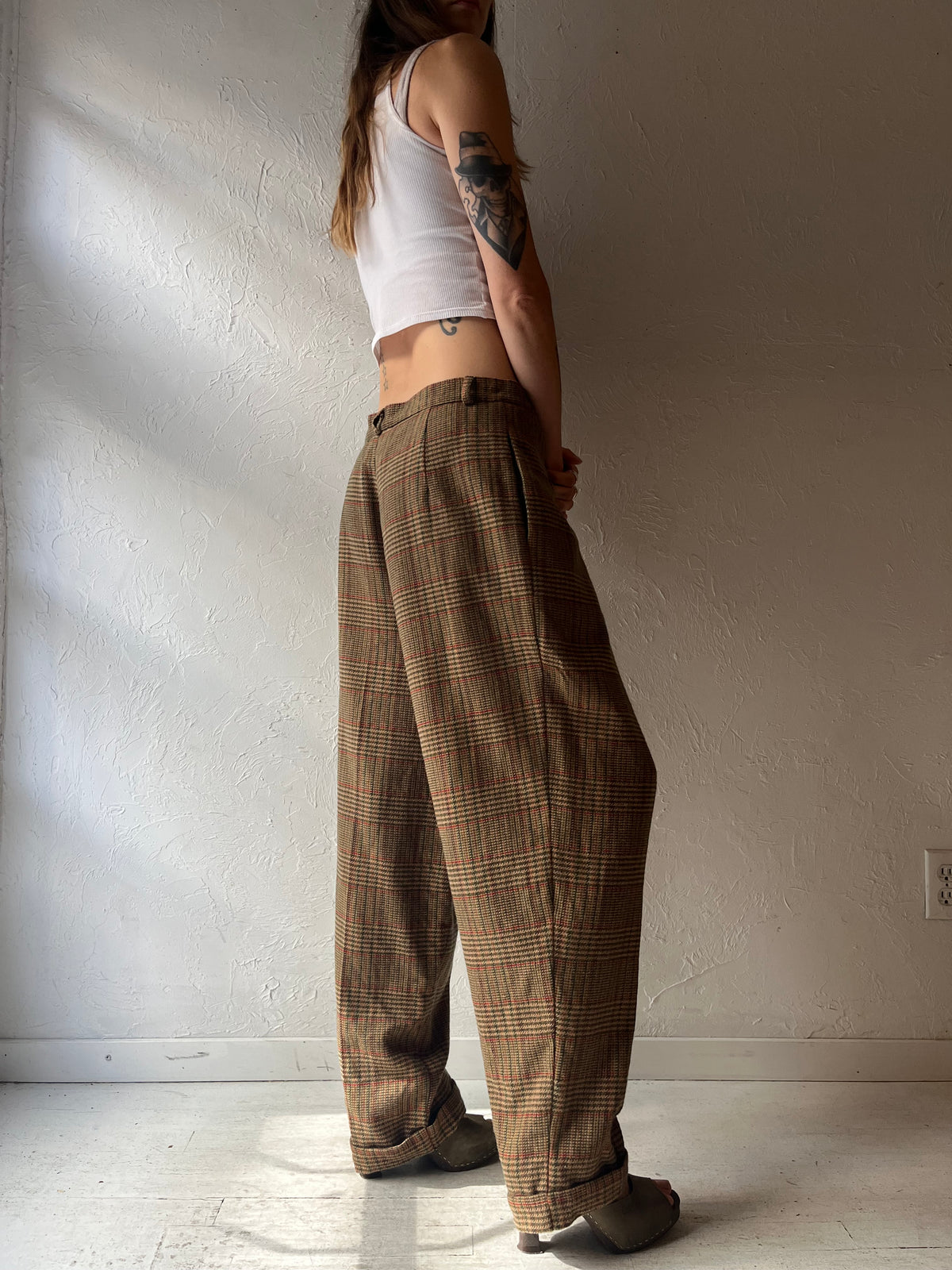 80s 'Bianca Nygard' Brown Plaid Preppy Academia High Waist Fall Trouser Pants / Meidum