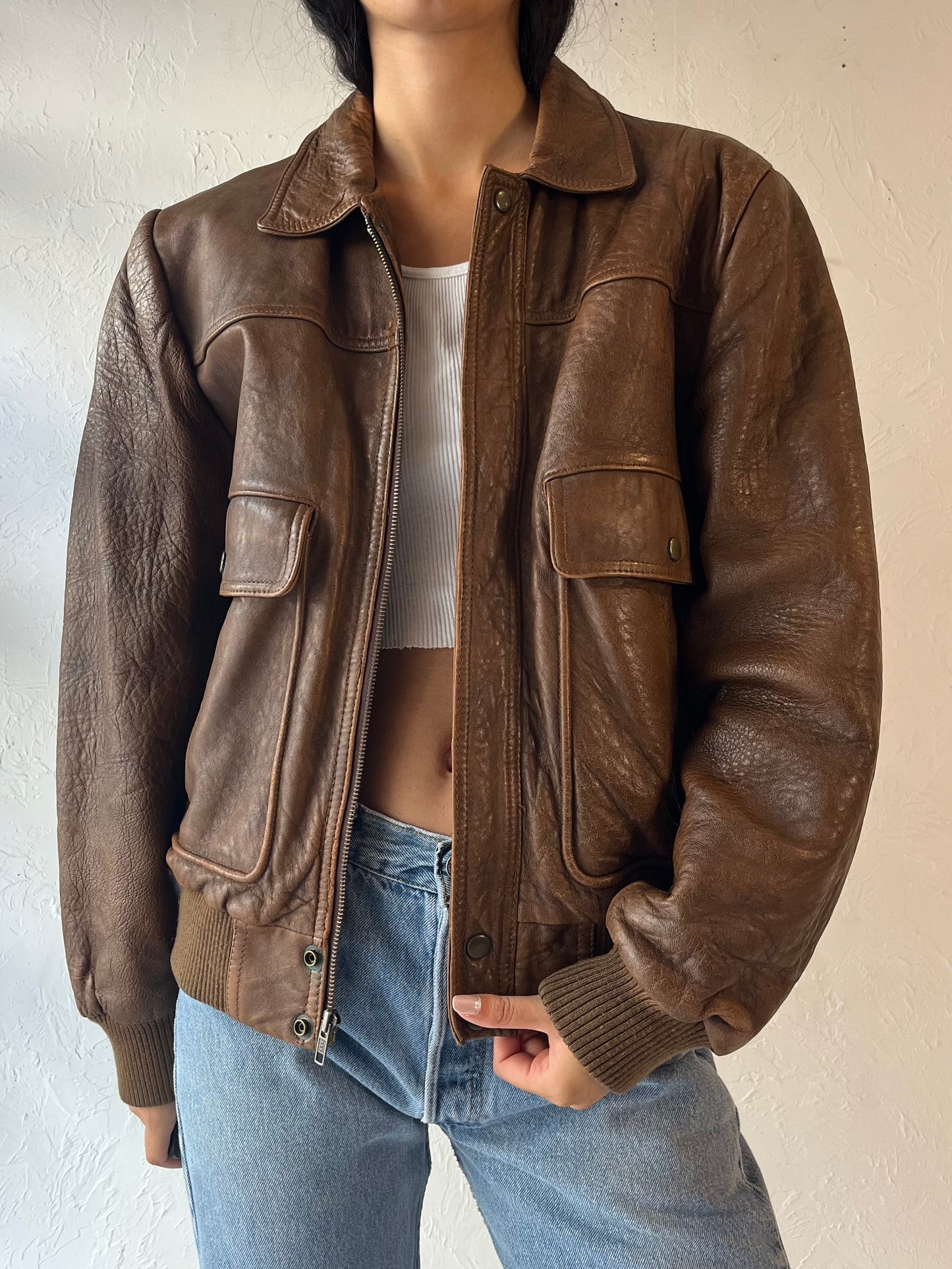 90s 'Wilsons' Brown Leather Bomber Jacket / Medium - Large