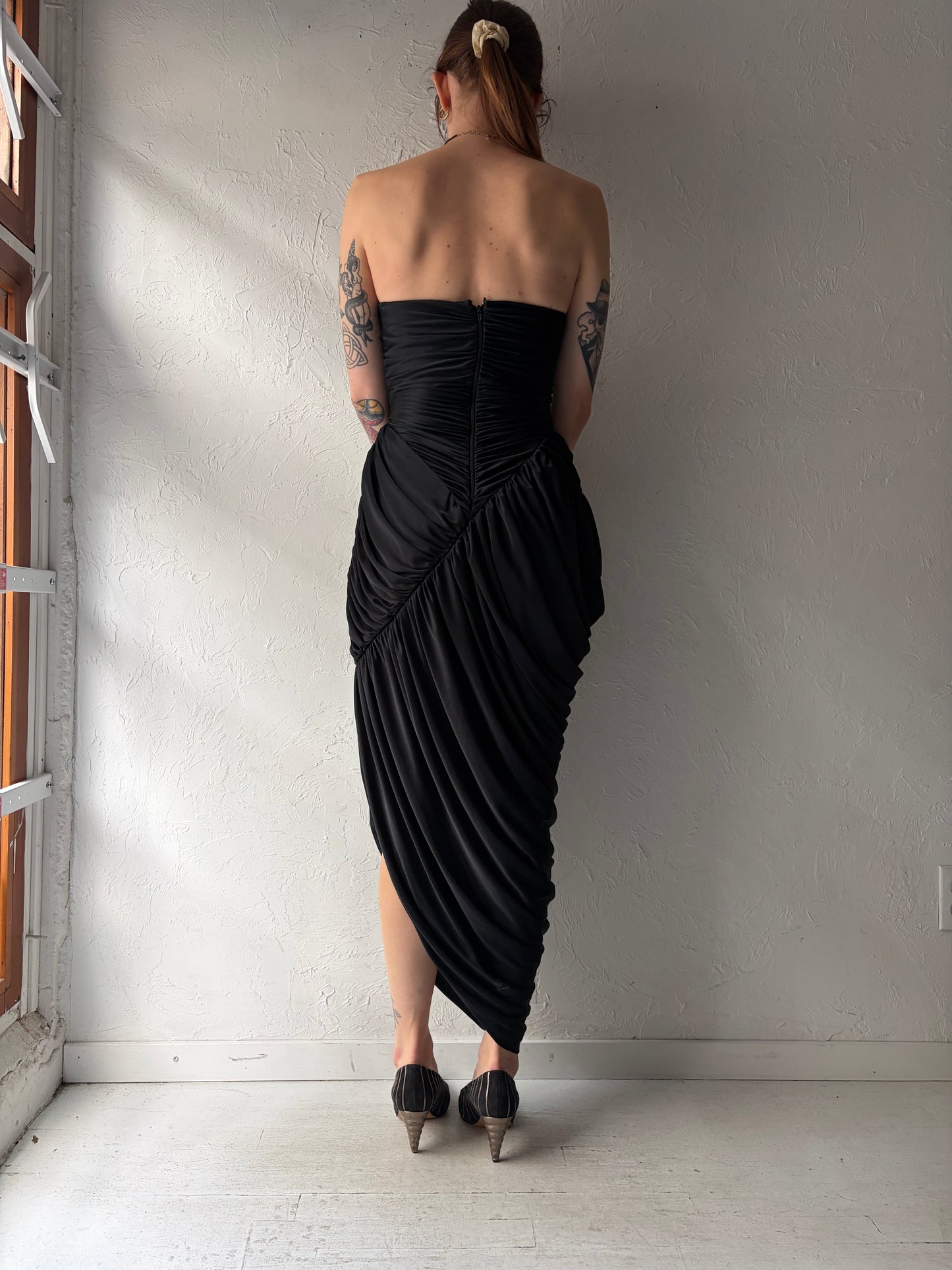 80s Strapless Black Formal 1980s Romanic Goth-core Prom Dress / Small