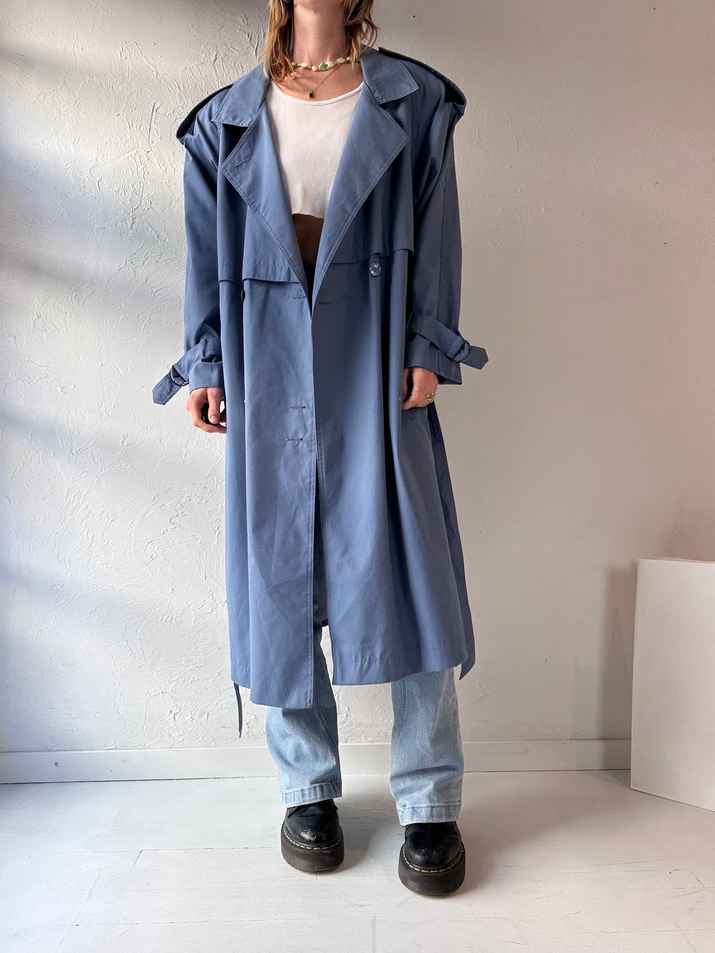 90s 'Collection Elegante' Blue Trench Coat / Large