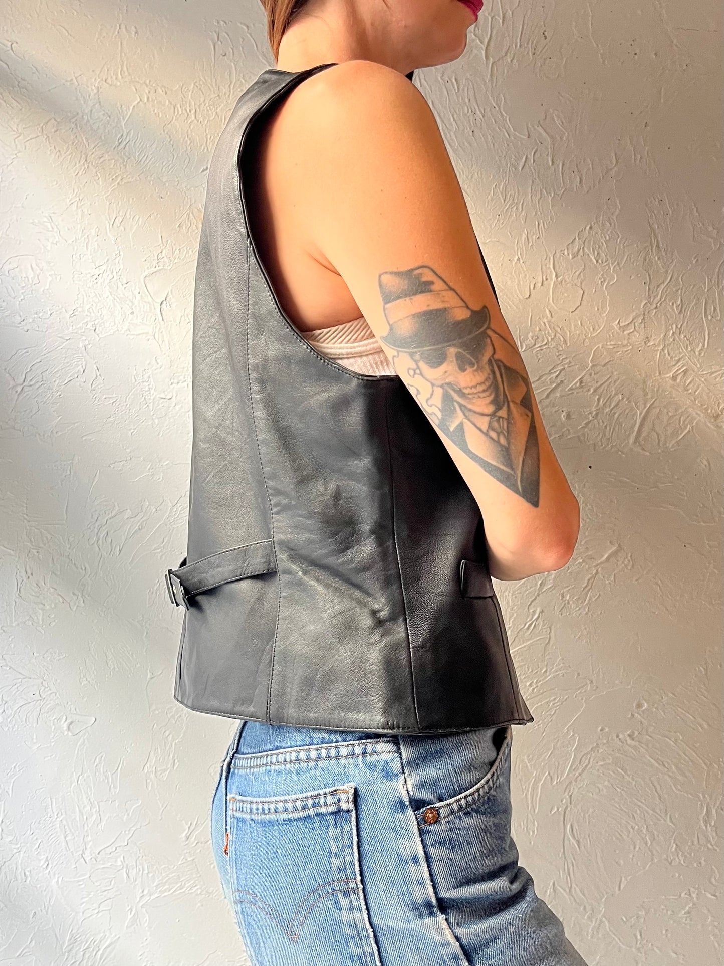 90s Vintage Black Genuine Leather Minimalist Grunge Vest / Medium