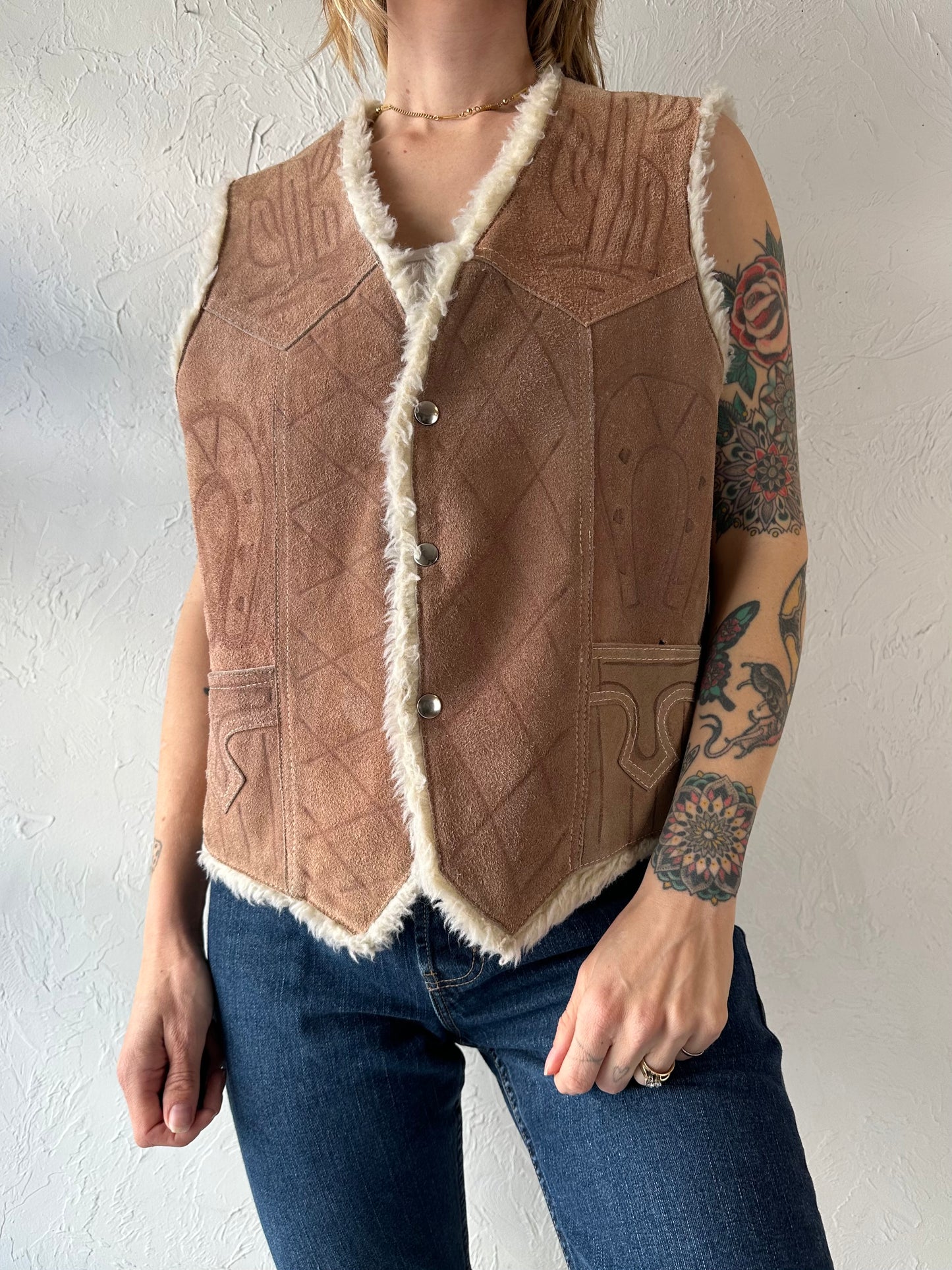 Vintage 'Genuine Leather' Embossed Suede Faux Fur Lined Vest / Large