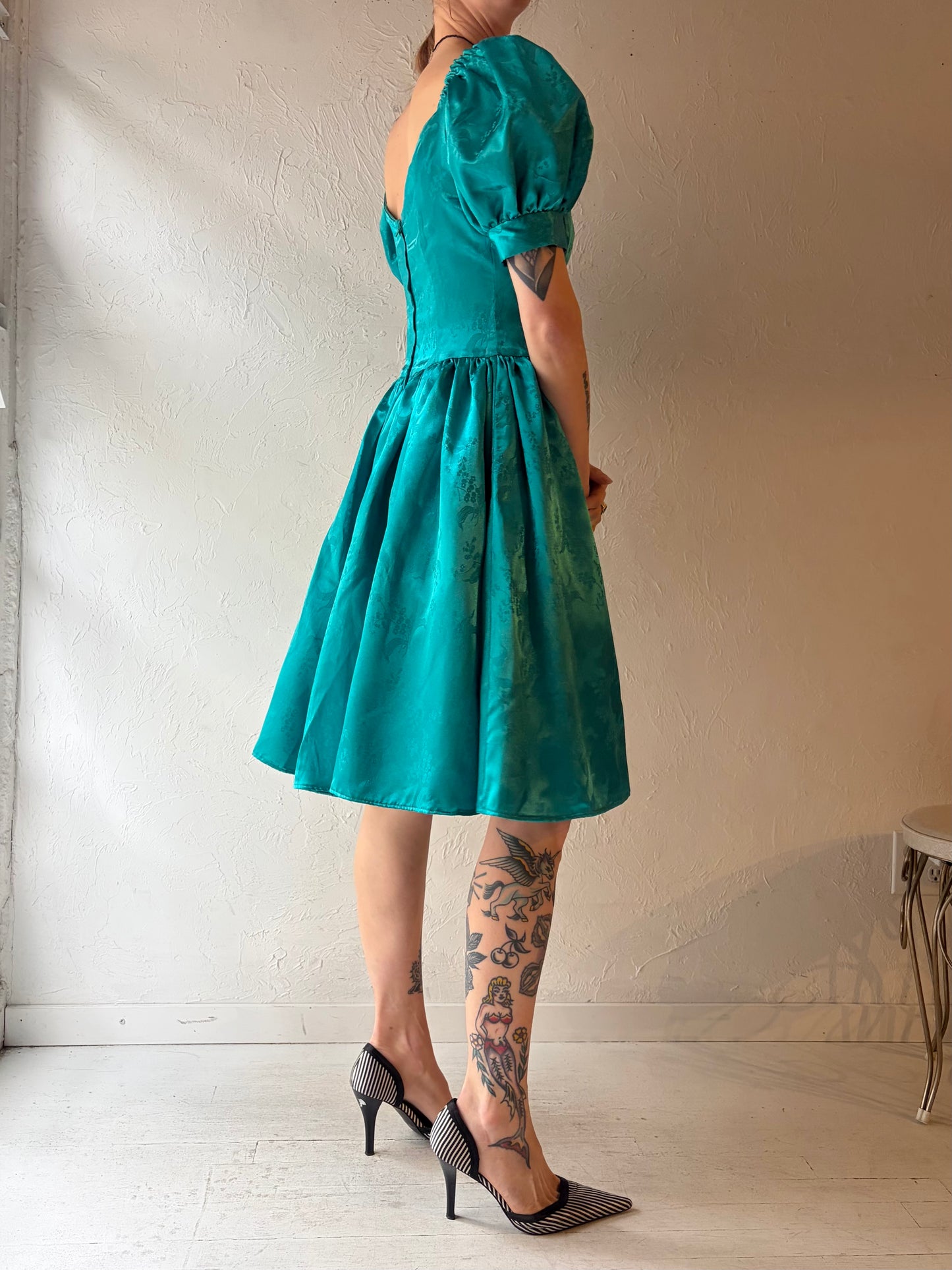Vintage Handmade Teal Green Puff Sleeve Formal Mini Dress / Small