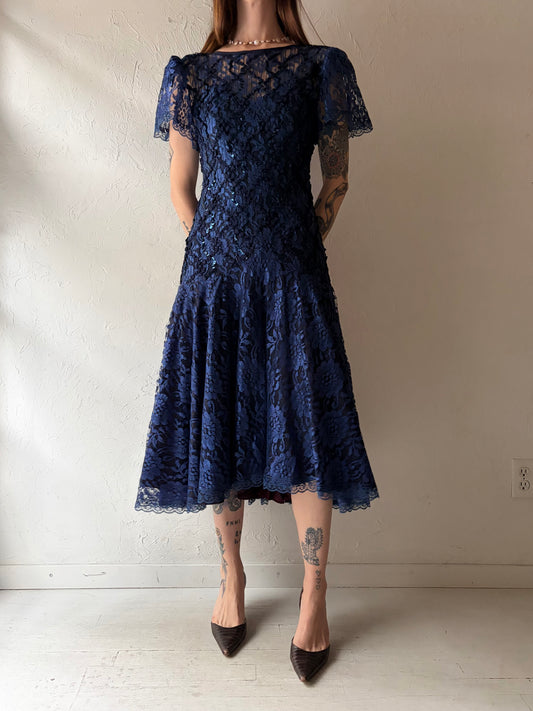 80s 'HW Collections' Purple Lace Formal Prom Dress / Vintage 1980s Retro Gown / Small