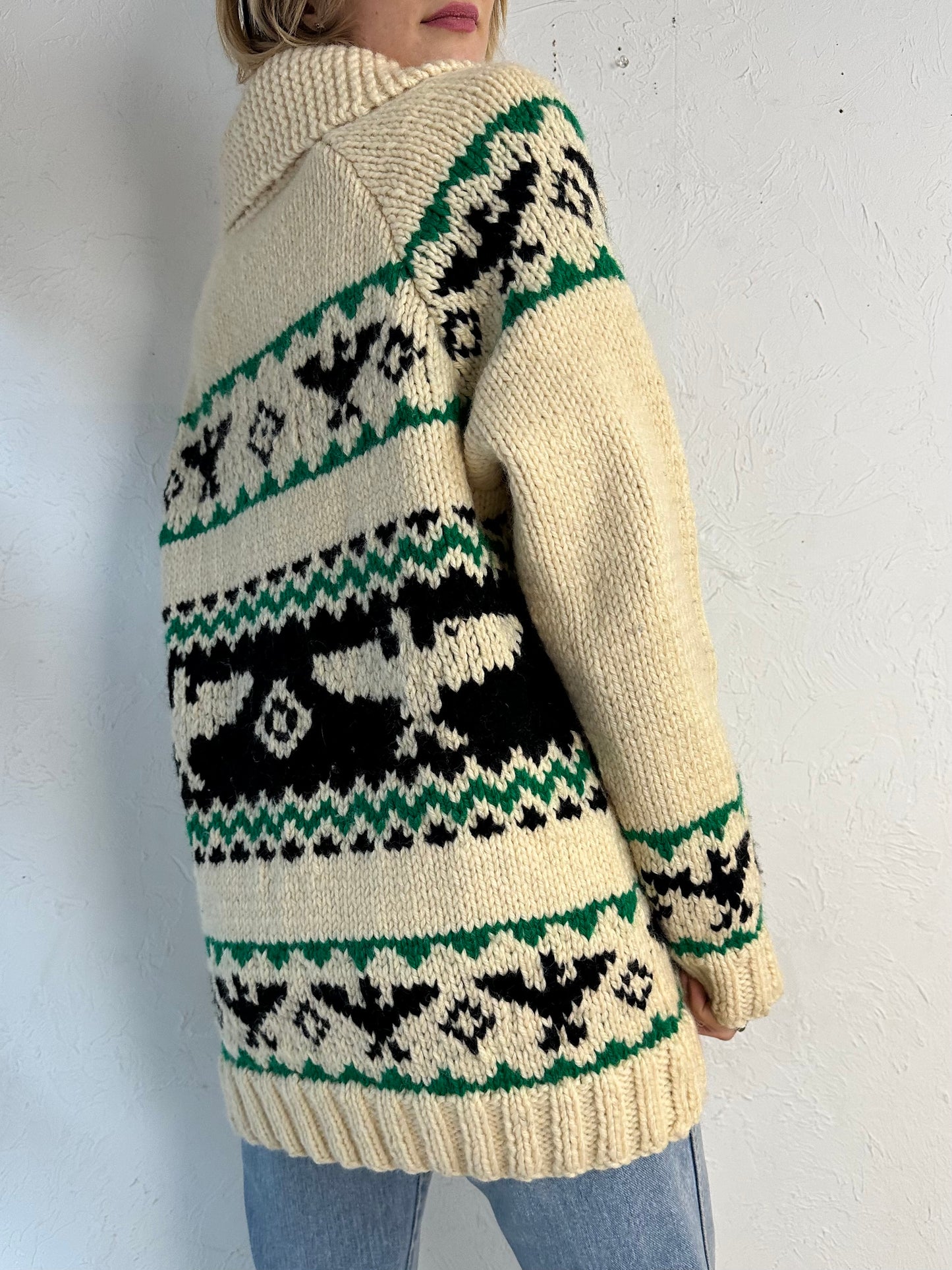 Vintage Hand Knit Thick Wool Zip Up Eagle Sweater / Medium