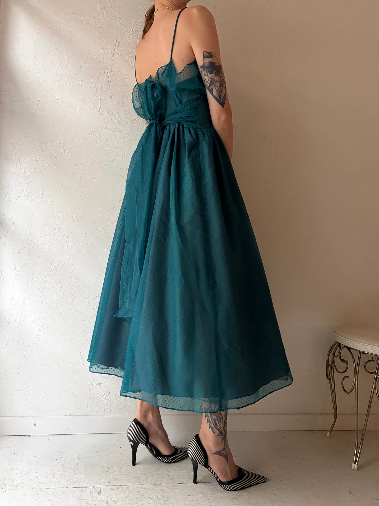 80s 'Gunne Sax' Teal Polka Dot Formal Gown / Small
