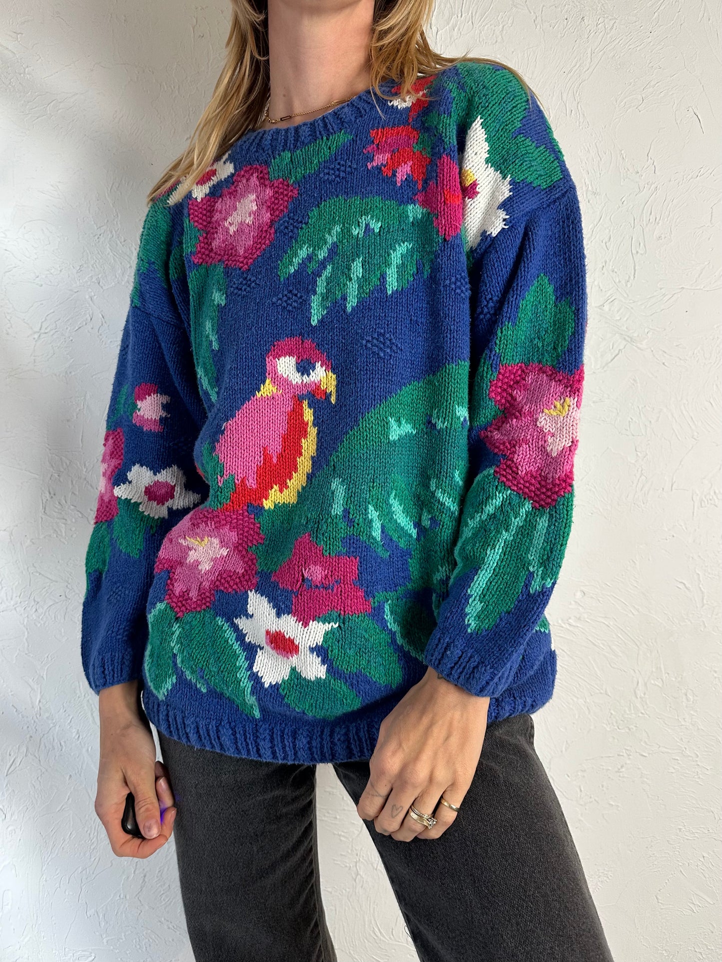 90s 'IZOD' Cotton Knit Parrot Sweater / Medium