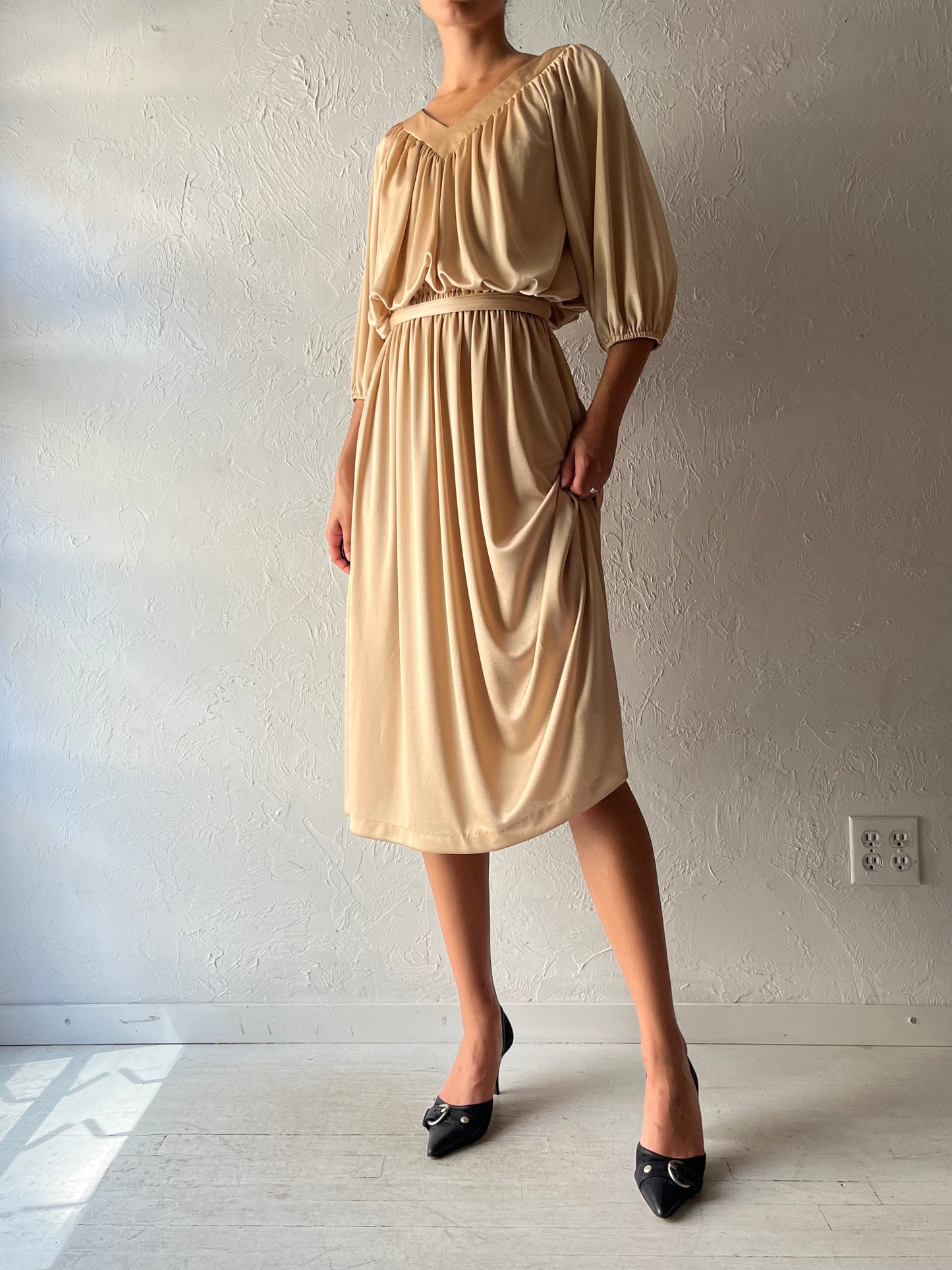 80s 'Mr. Edward' Beige Minimalist Classic Neutral Midi Dress / Vintage 1980s Normcore Summer Dress / Medium