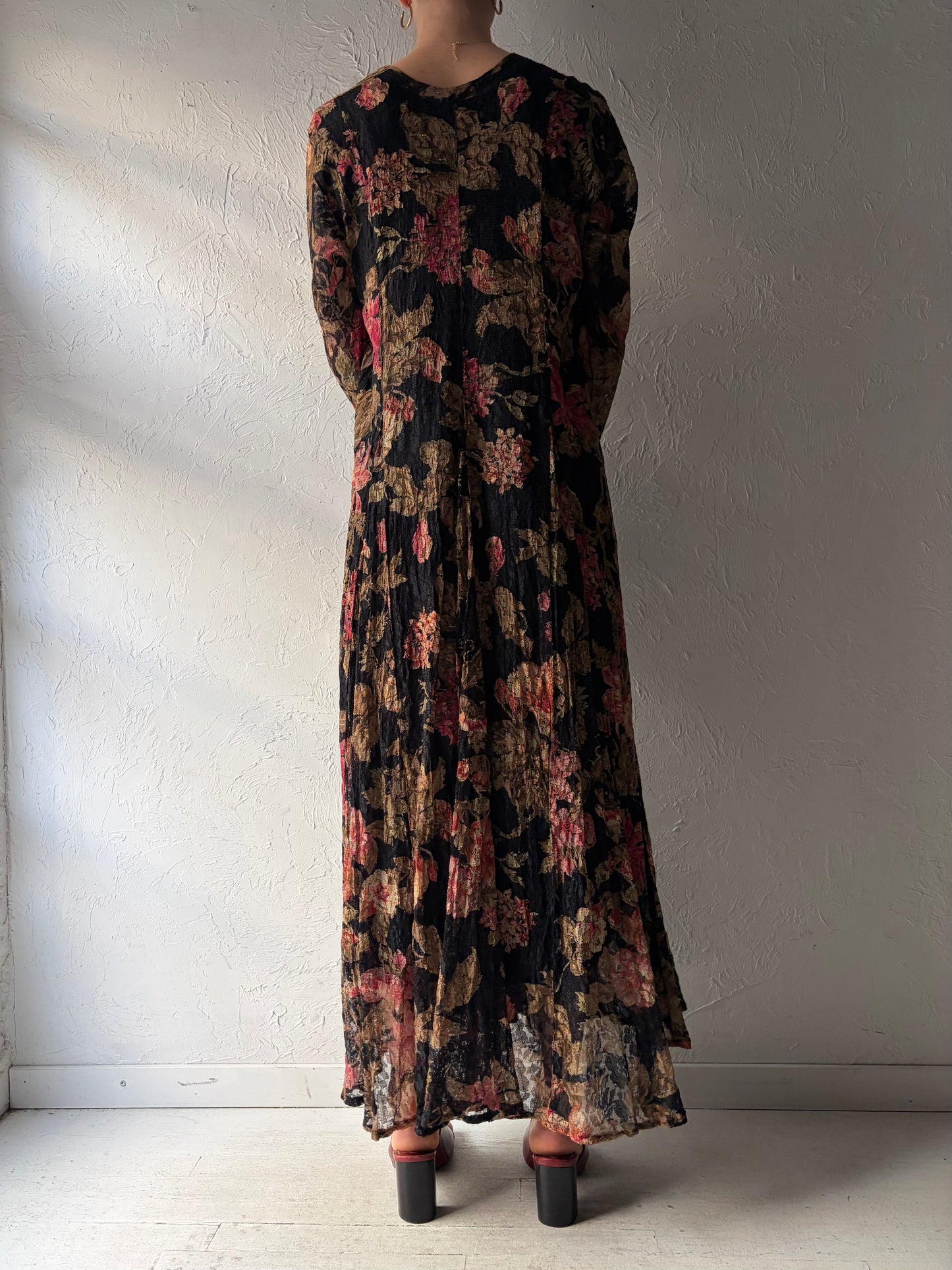 90s 'Nostalgia' Black Floral Lace Long Sleeve Maxi Dress / Large