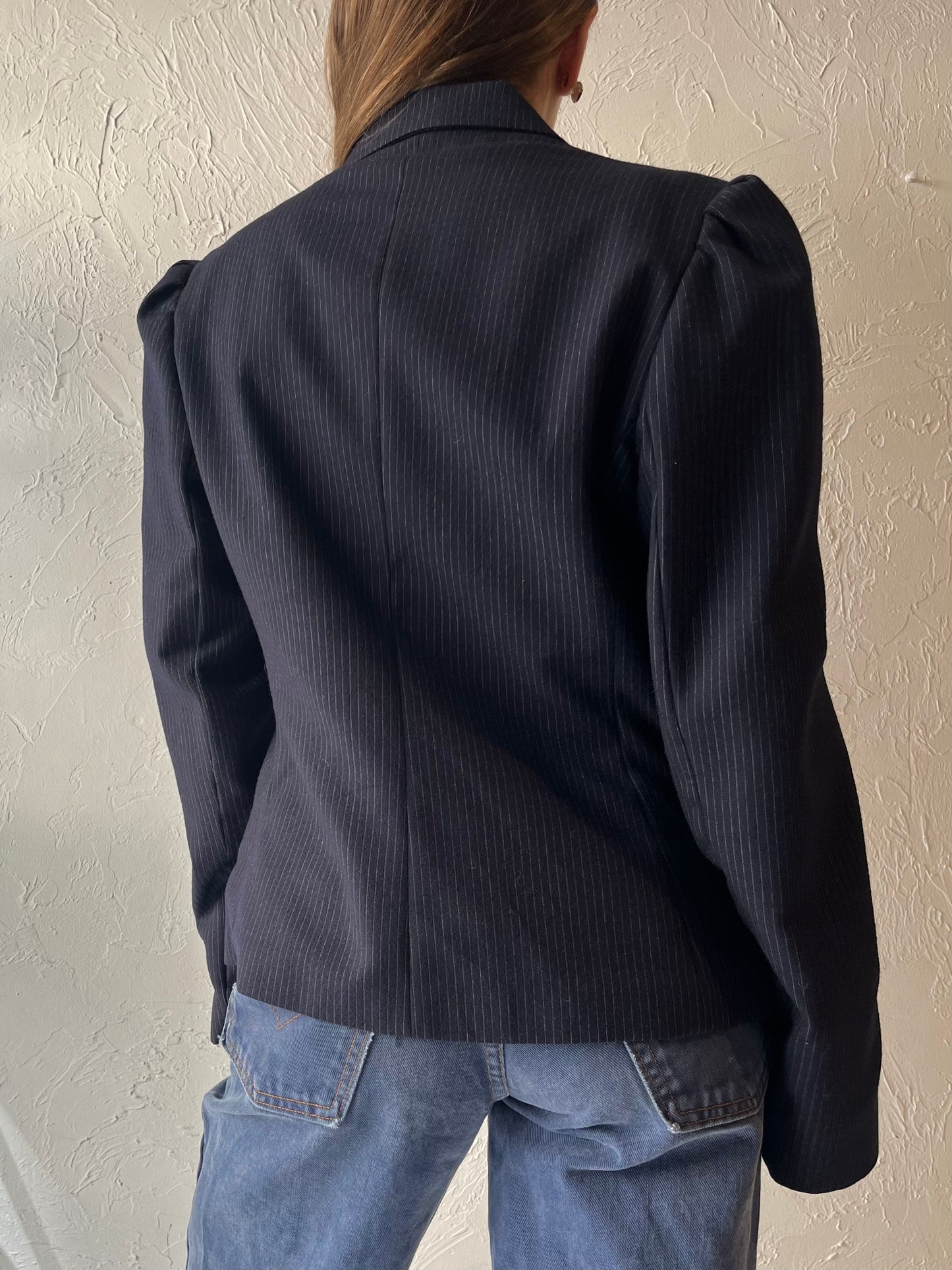 70s 'Sears' Navy Blue Pinstripe Wool Blazer Jacket / Union Made / Medium