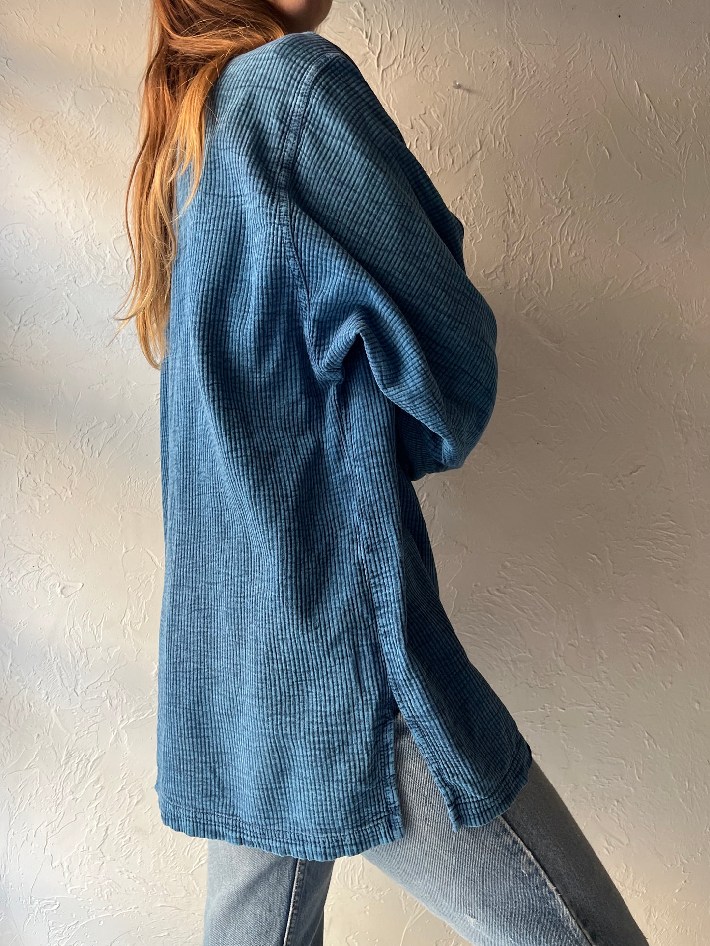 90s 'Ezze Wear' Blue Corduroy Half Zip Shirt / Large
