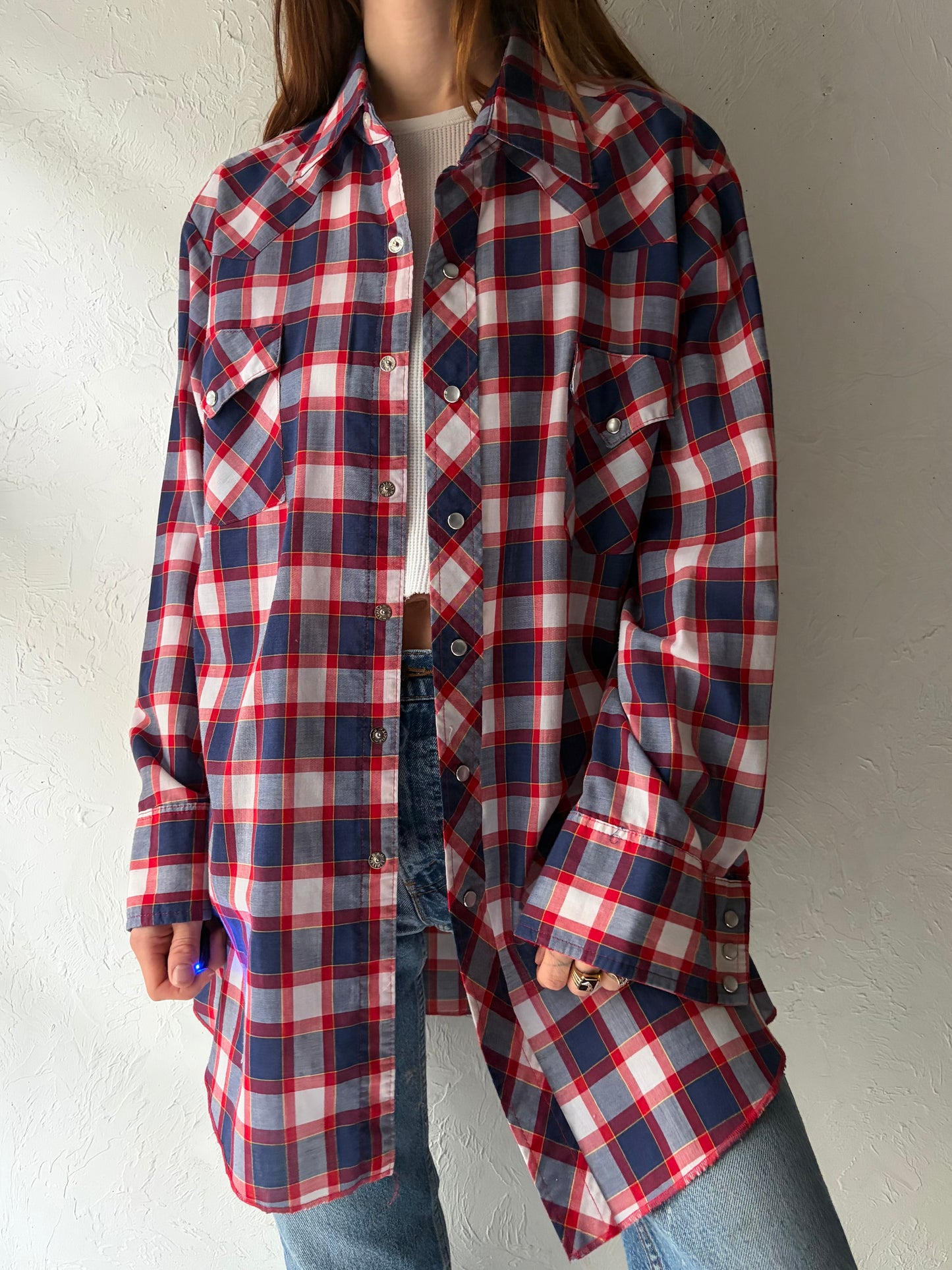 90s 'MWG' Blue Plaid Western Snap Up Shirt / Vintage 1990s Cowboy Workwear Shirt / Large