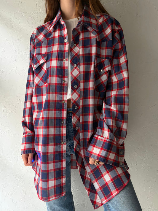 90s 'MWG' Blue Plaid Western Snap Up Shirt / Vintage 1990s Cowboy Workwear Shirt / Large