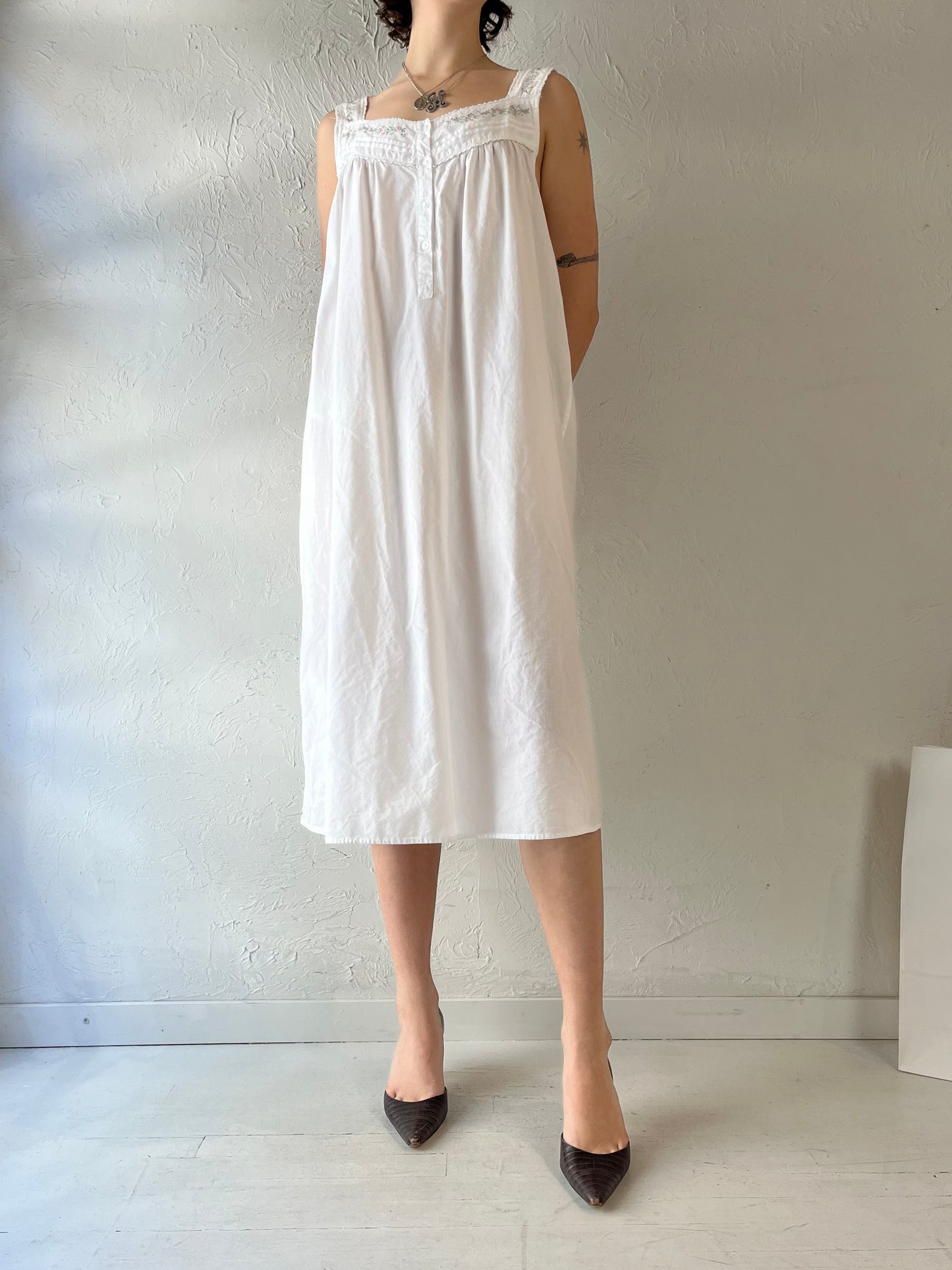 90s White Cotton Sleeveless Midi Dress / Large