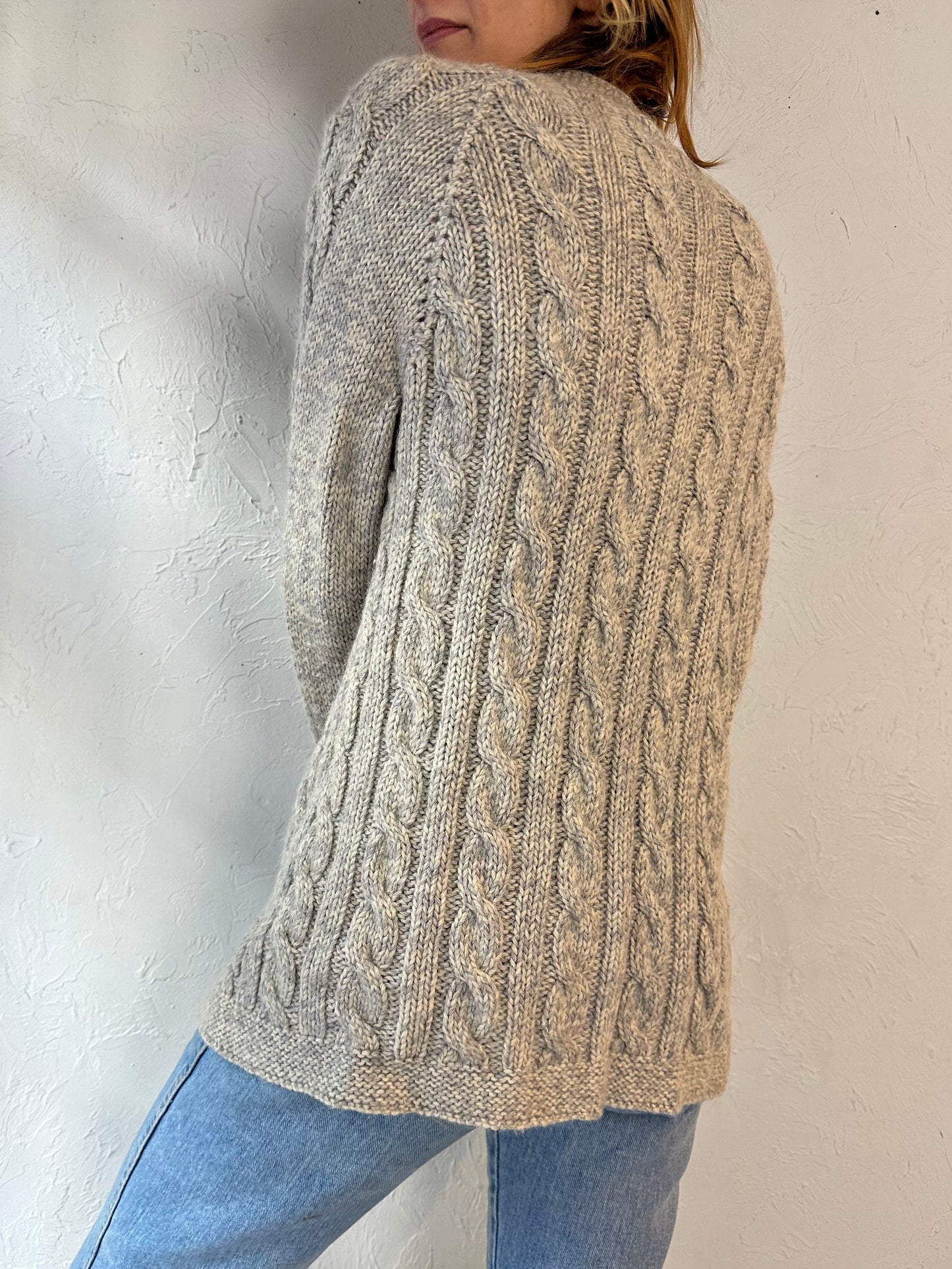 Vintage Hand Knit Gray Cable Knit Cardigan Sweater / Small