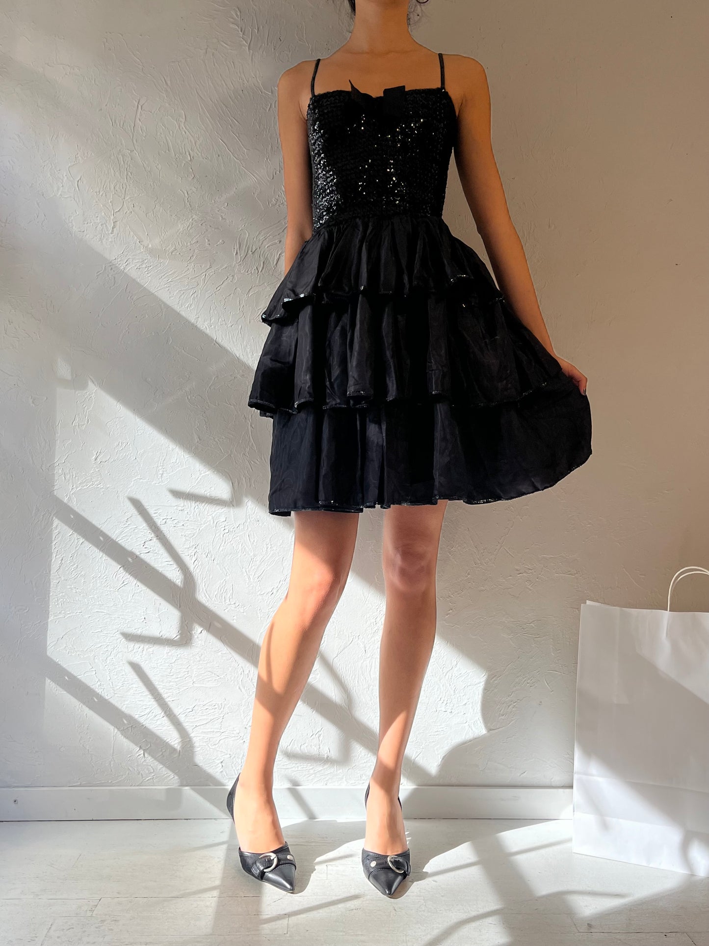 90s Black Sequin Ruffle Party Dress / Small