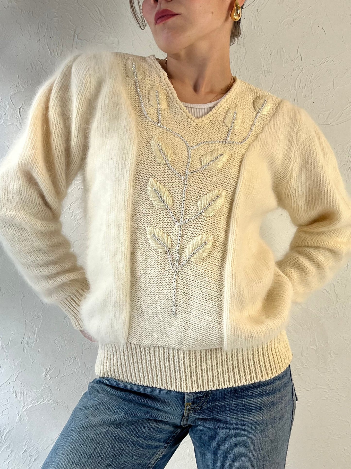 90s ‘Eugenia’ Cream Rhinestone Sweater / Medium