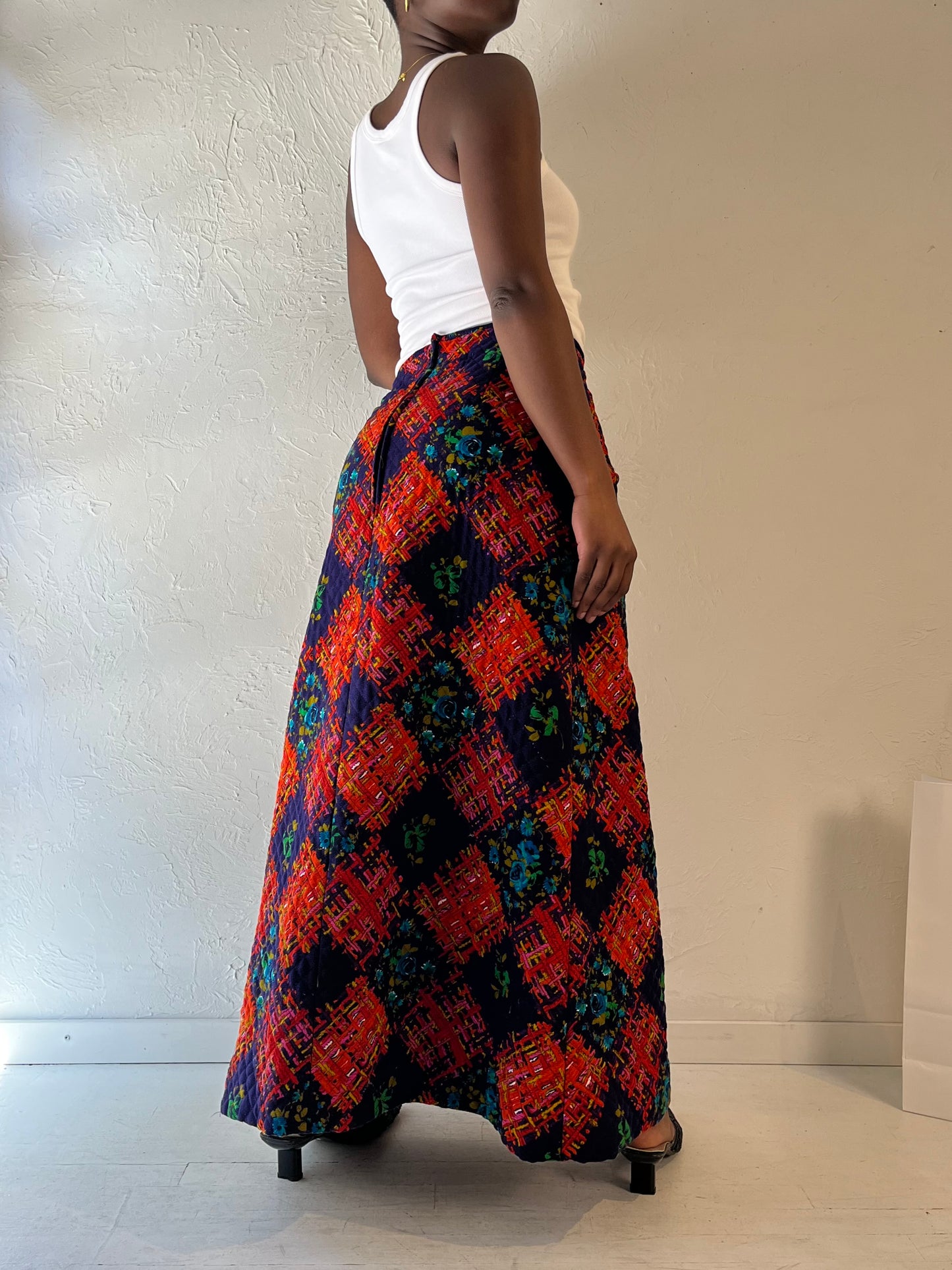 70s Handmade Quilted Maxi Skirt / Medium