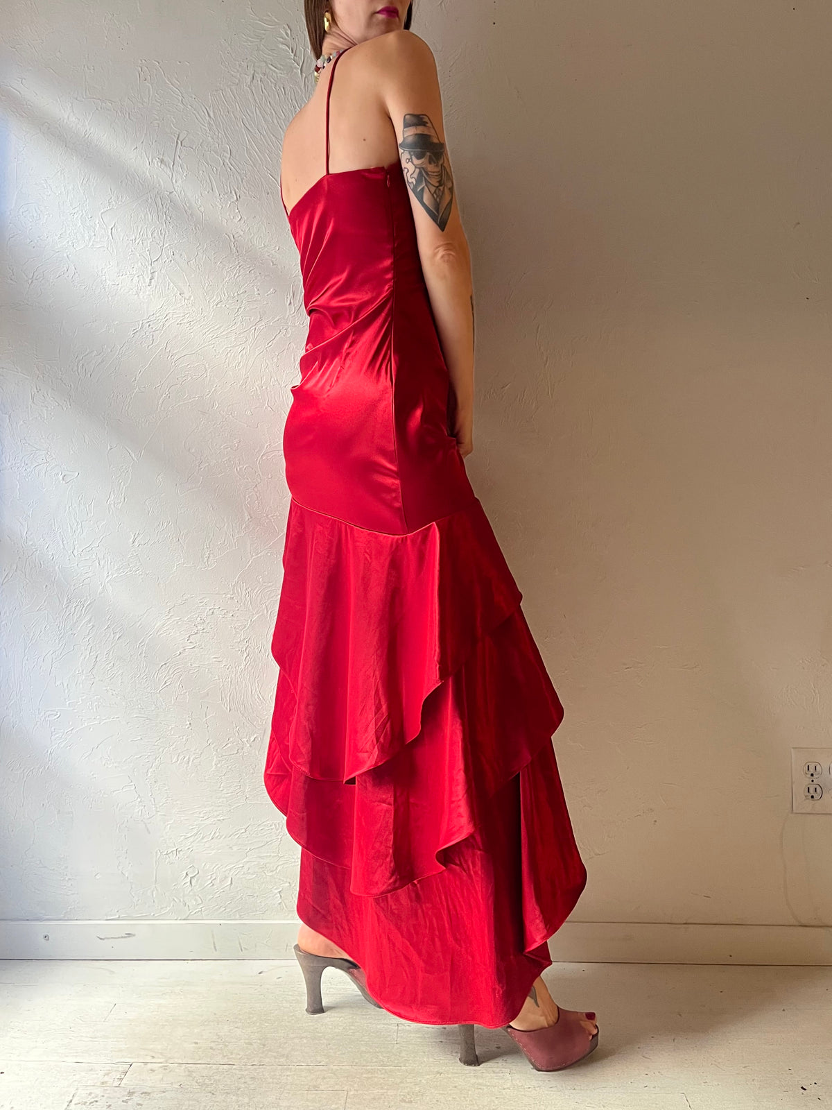 Y2K ‘Blondie Nites’ Red Satin Asymmetrical Ruffle Prom Formal Party Maxi Dress / Small