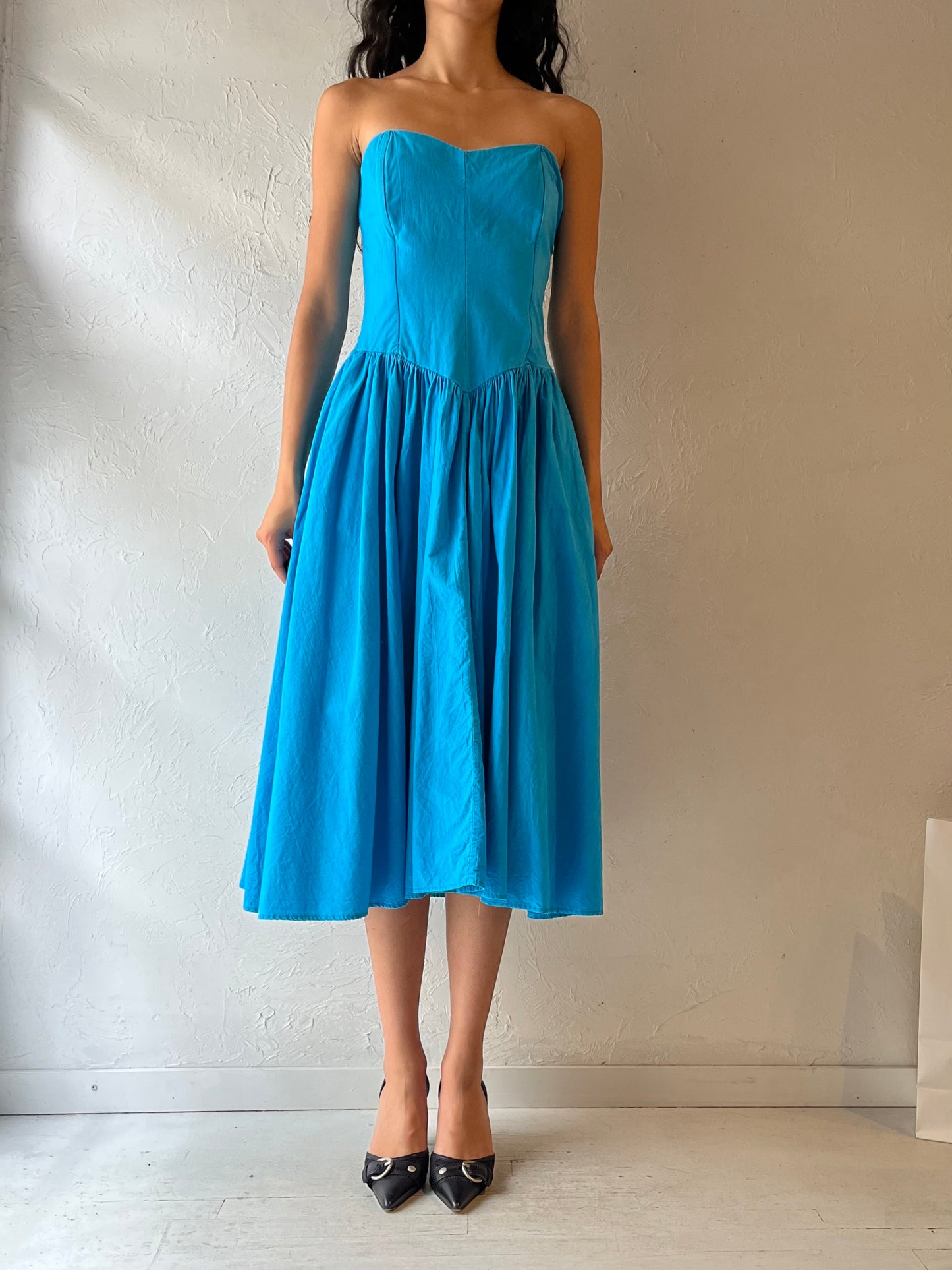 90s ‘Nordstrom’ Blue Strapless Dress / Medium