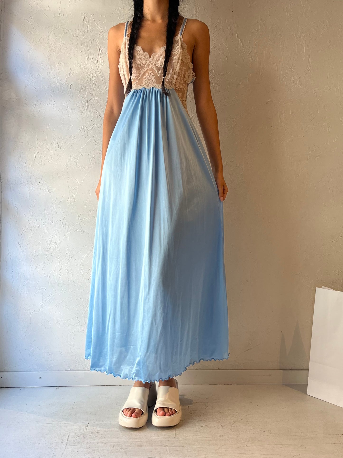 80s 'Van Realt' Blue Lacey Lingerie Slip Dress / Small