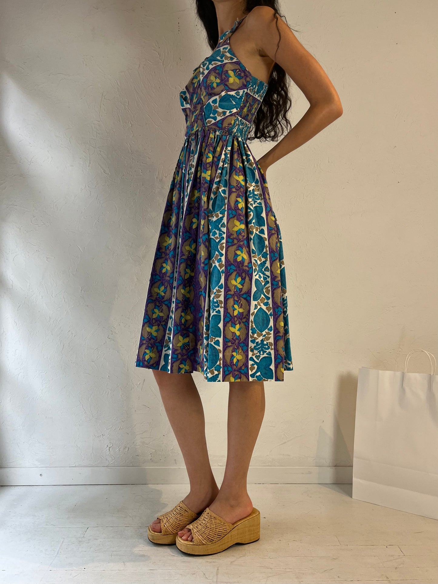 Vintage Handmade Blue Floral Midi Dress / Small