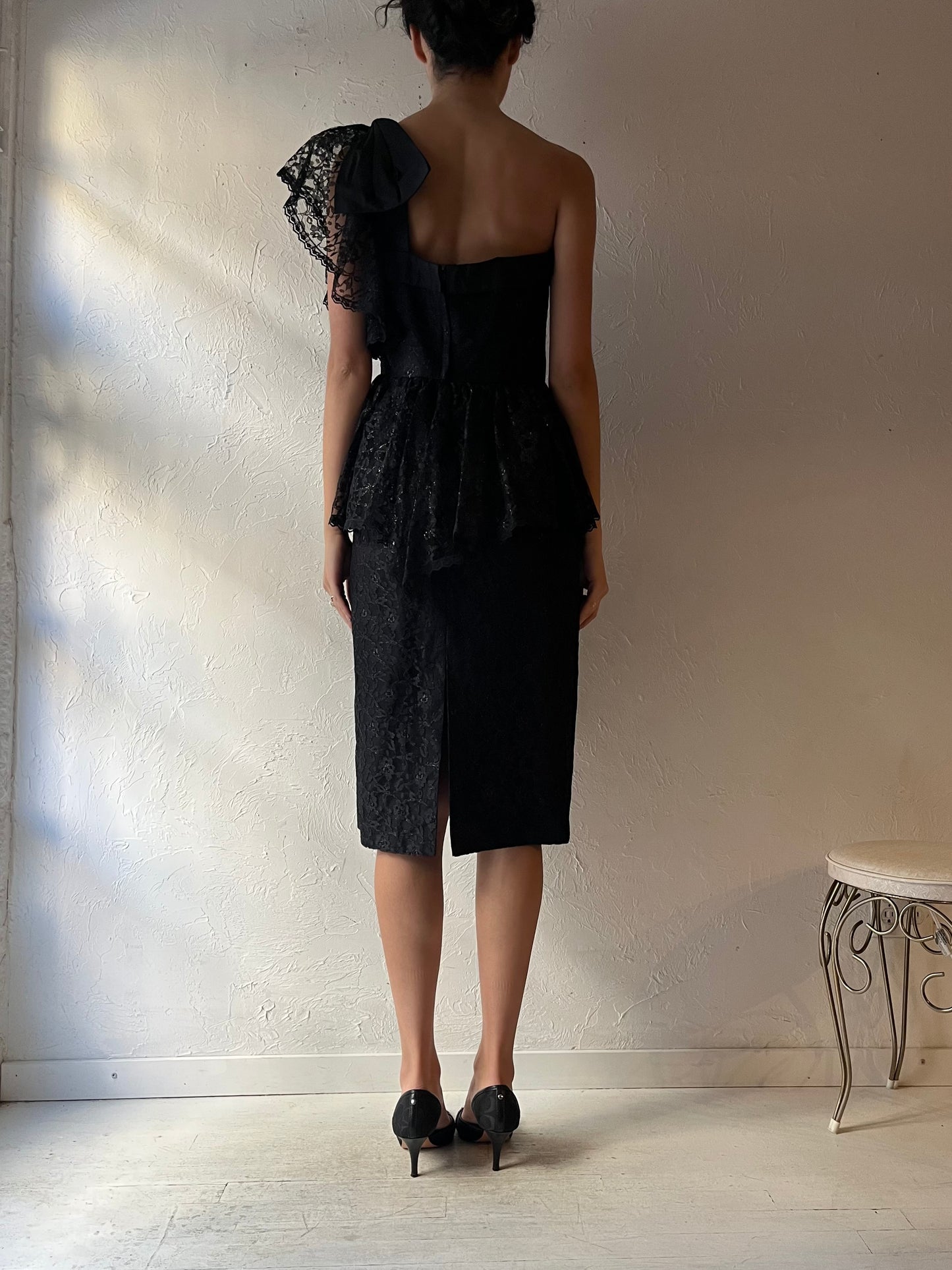 80s ‘Collections’ Black Lace Midi Formal Dress / Medium