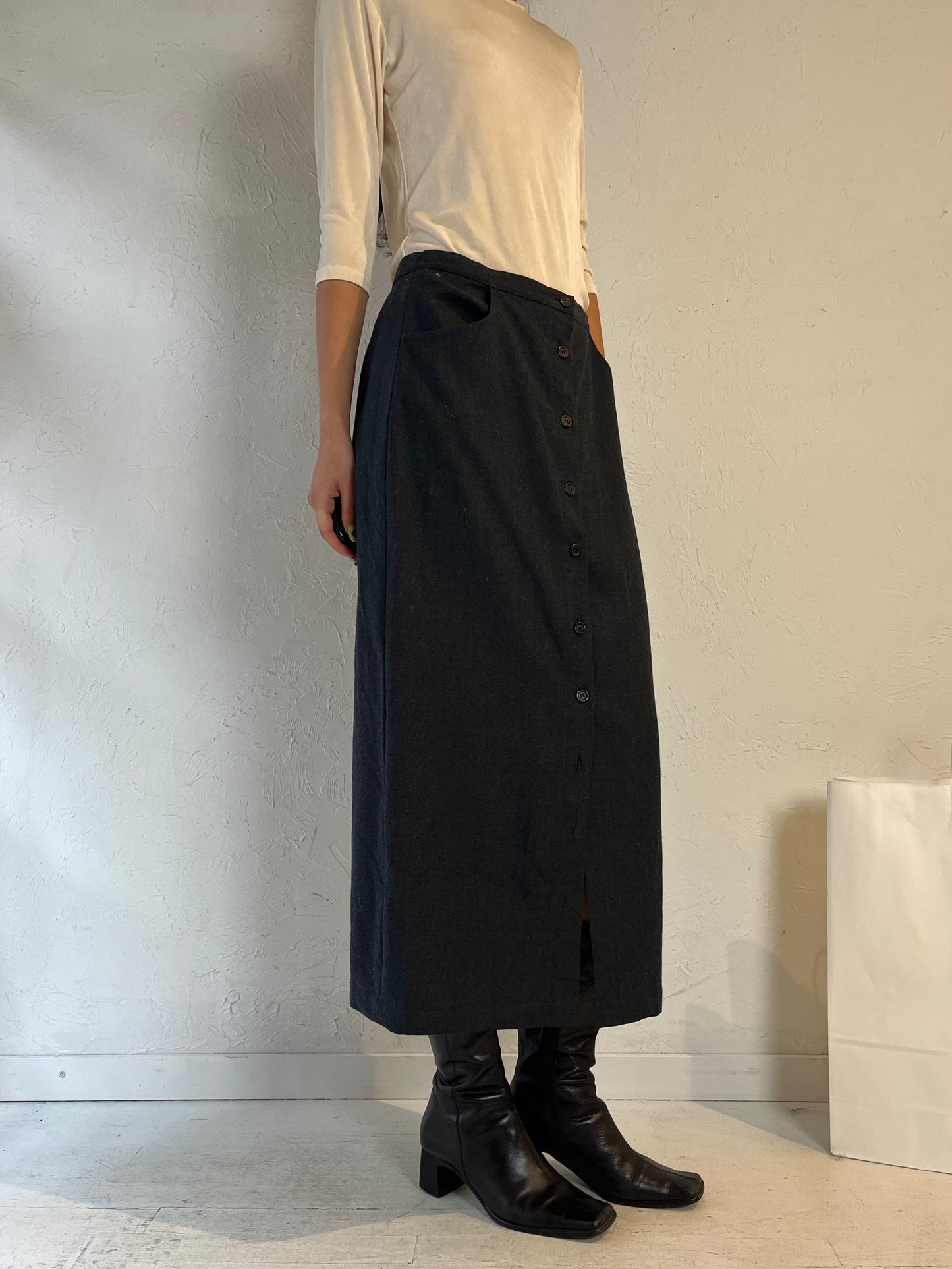 Y2K ‘J Crew’ Gray Wool Button Up Midi Skirt / Medium