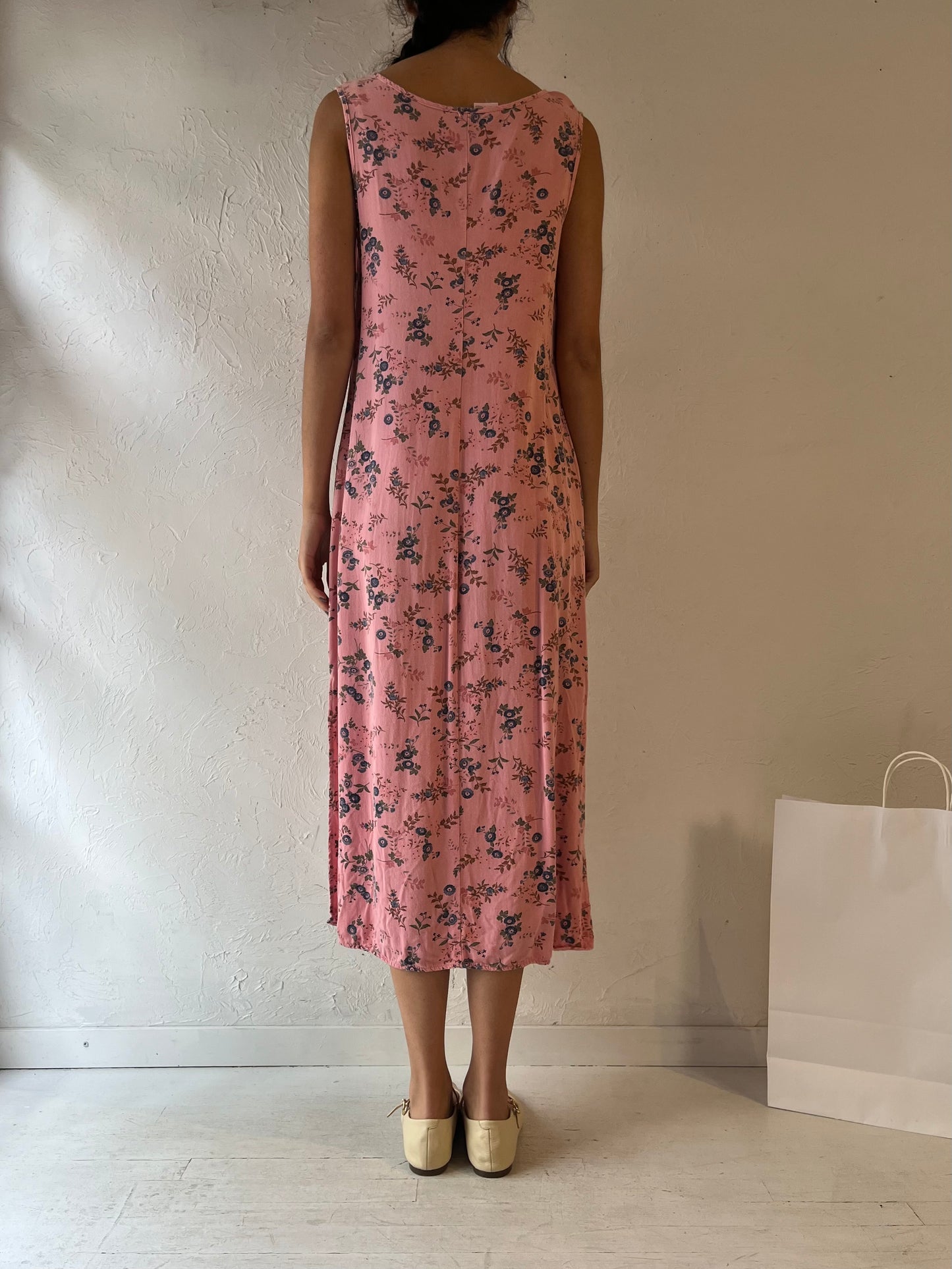 90s 'Cherokee' Pink Floral Print Rayon Dress / Small