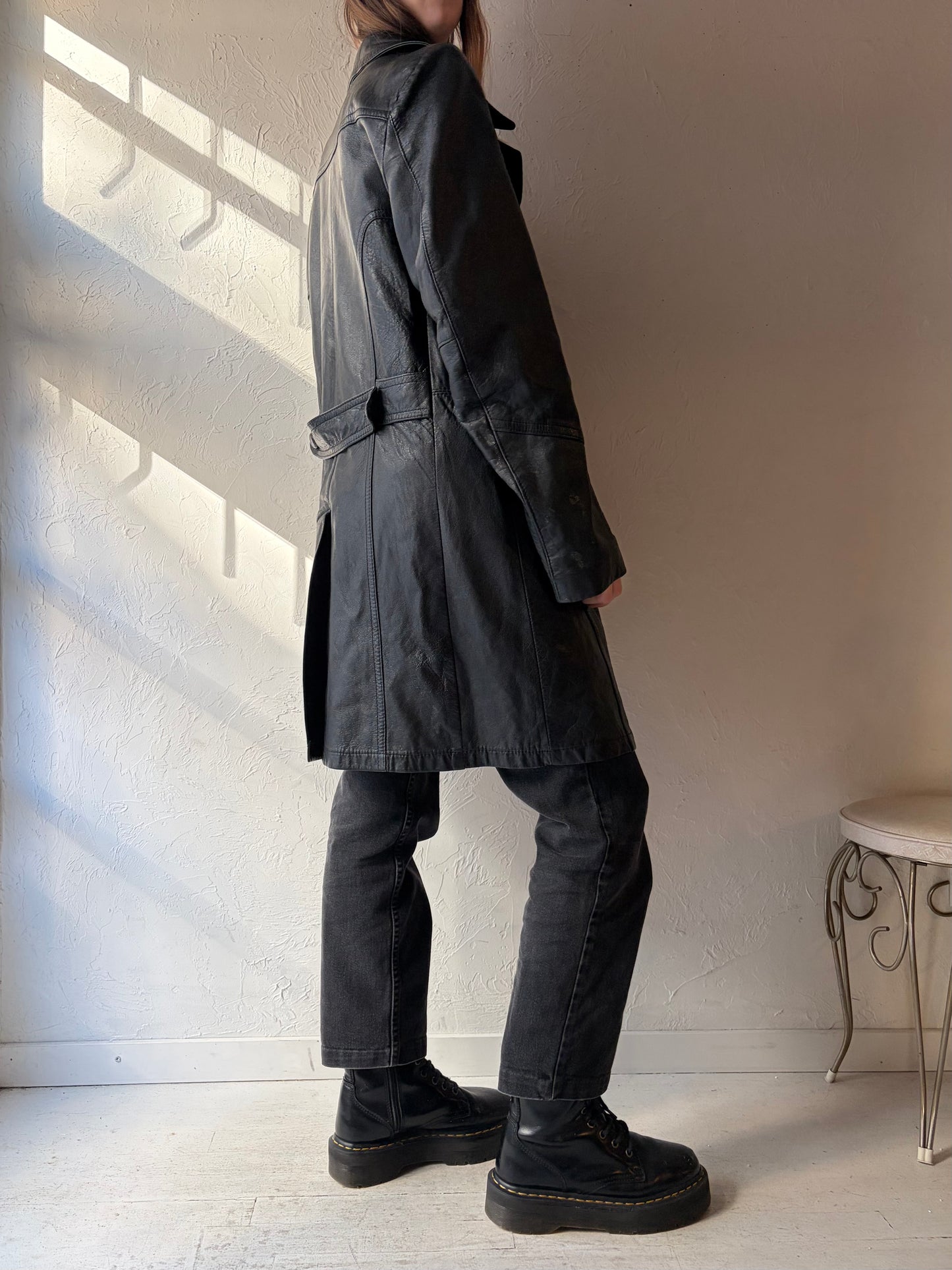 Vintage Black Leather Coat / Large