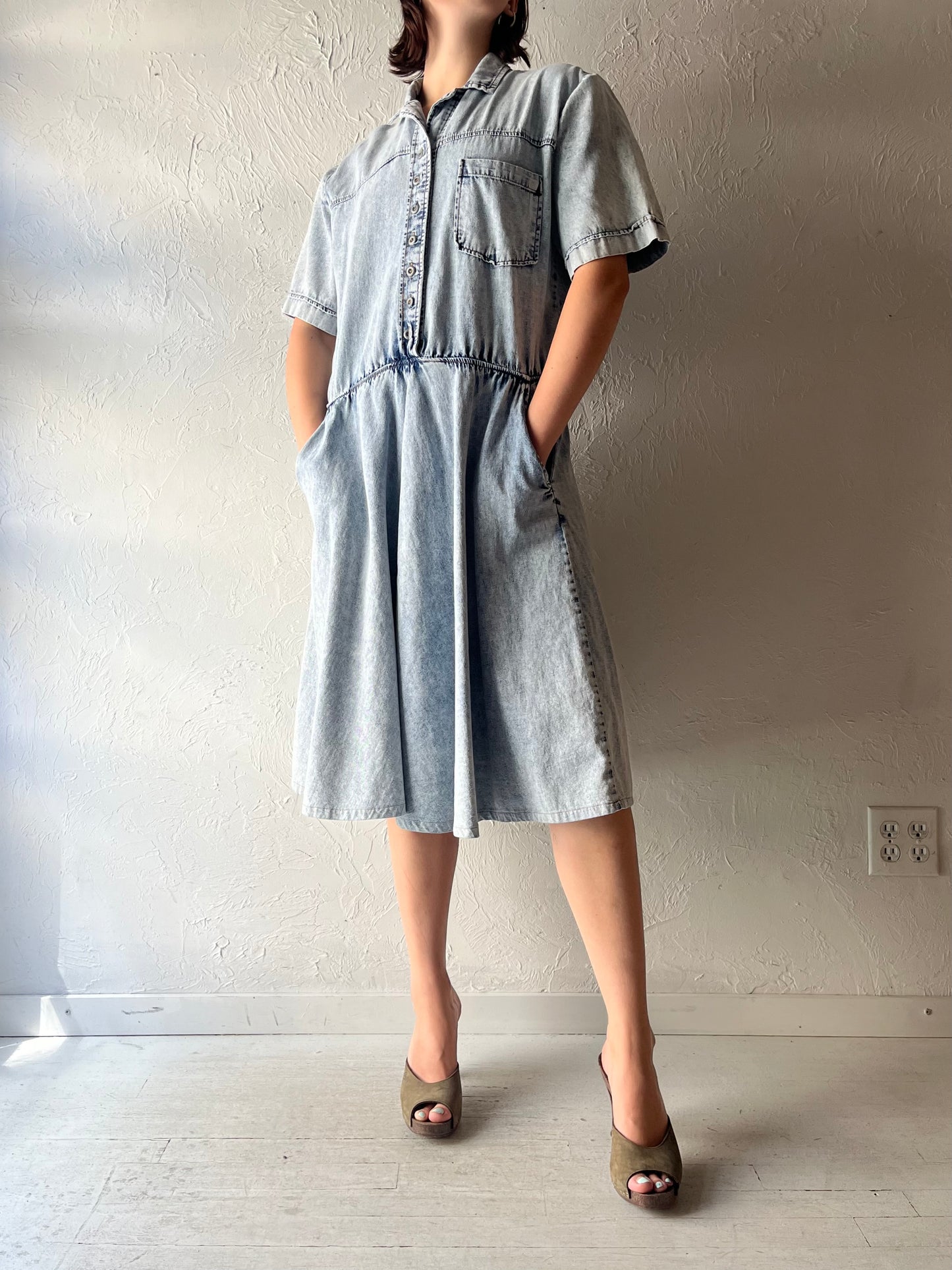 90s 'Two Roads' Acid Wash Denim Retro Grunge Shirt Dress / Medium