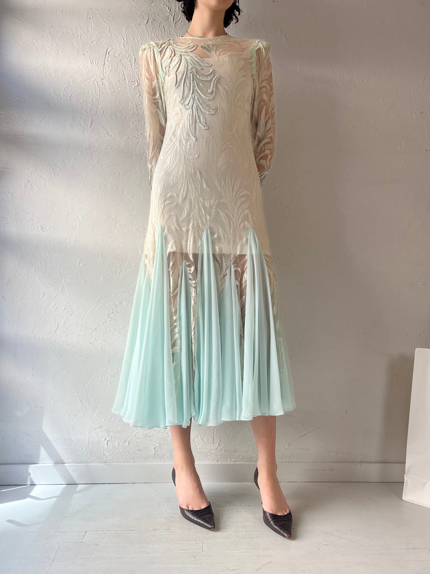 Vintage Baby Blue Mesh Sequin Dress / Medium